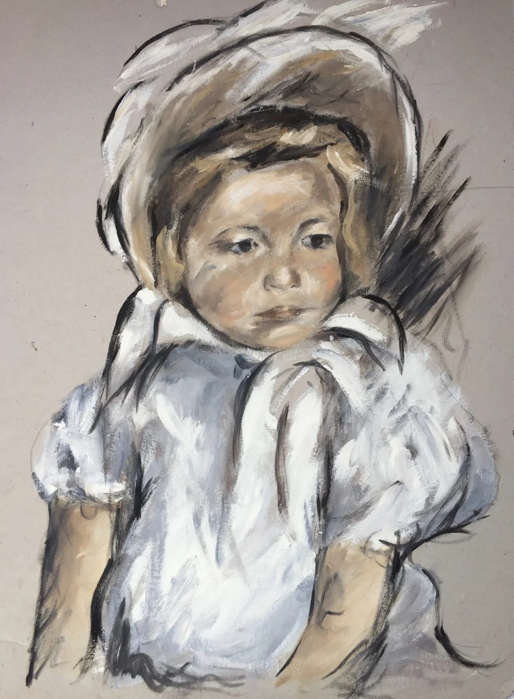  Little girl, 2001  Oil on board   Approx. 76 x 52cm  Original piece after Mary Cassatt  For sale 
