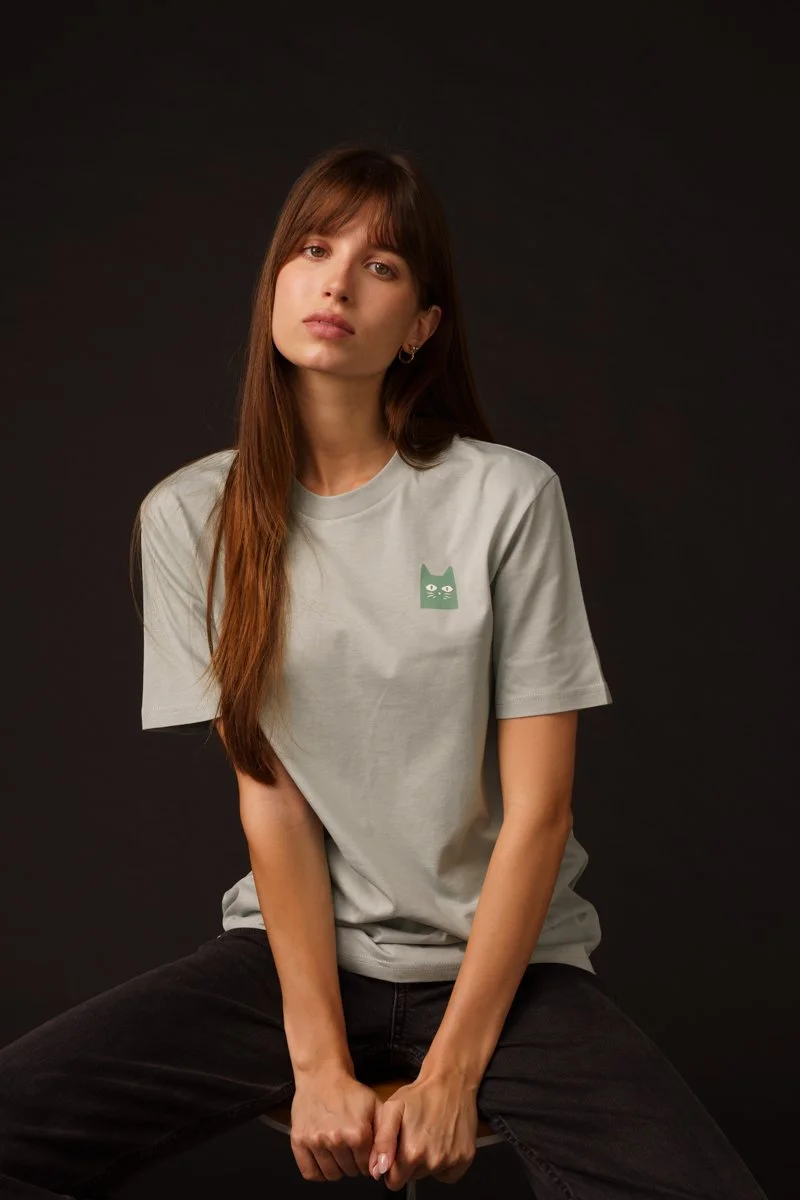 Aloe Green organic t-shirt with Pixel Cat graphic design by Contrast, modern and sustainable tee.
