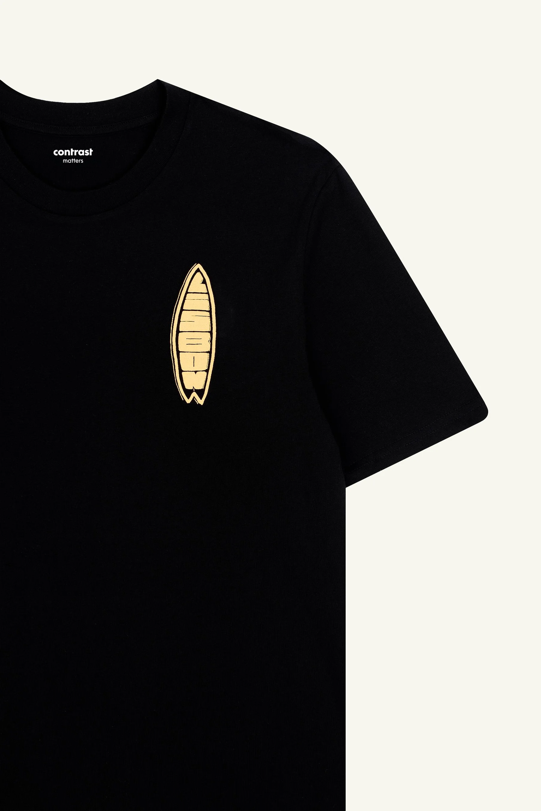 Black organic cotton t-shirts by Contrast, Lisbon Surfboard graphic t-shirt for surf-inspired style.