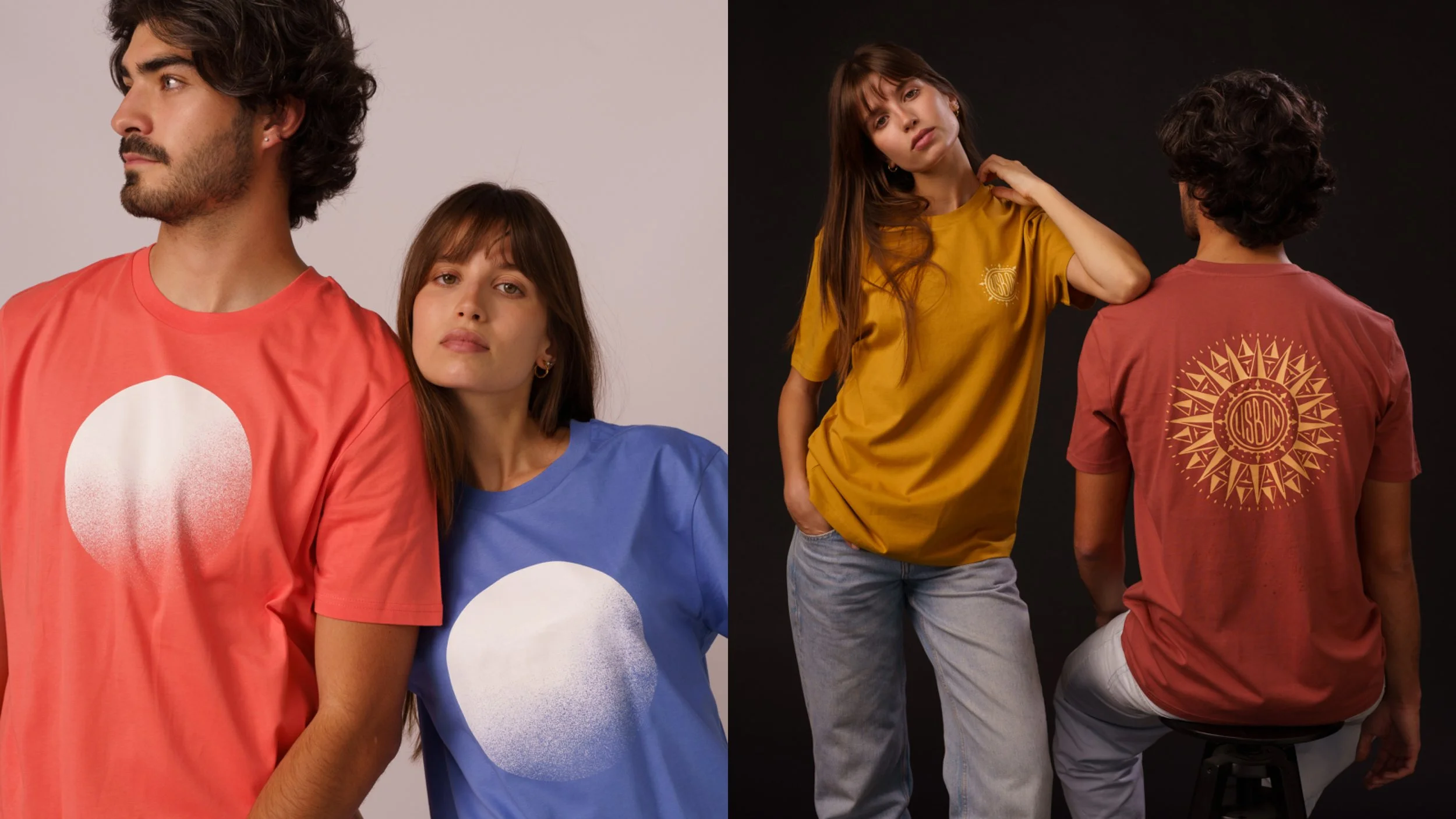 Man and woman wearing Contrast organic cotton graphic t-shirts in coral and blue, sustainable fashion streetwear with circle design