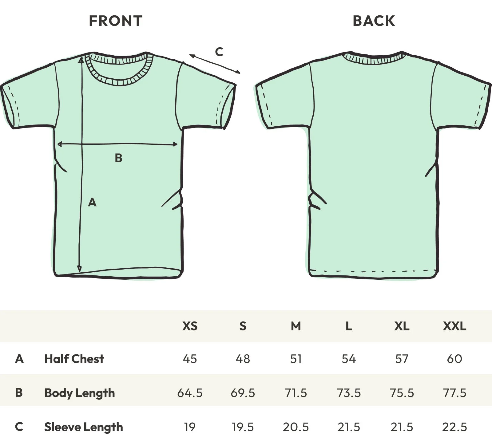 Illustrated Contrast size guide for t-shirts showing chest width, body length and sleeve length measurements front and back