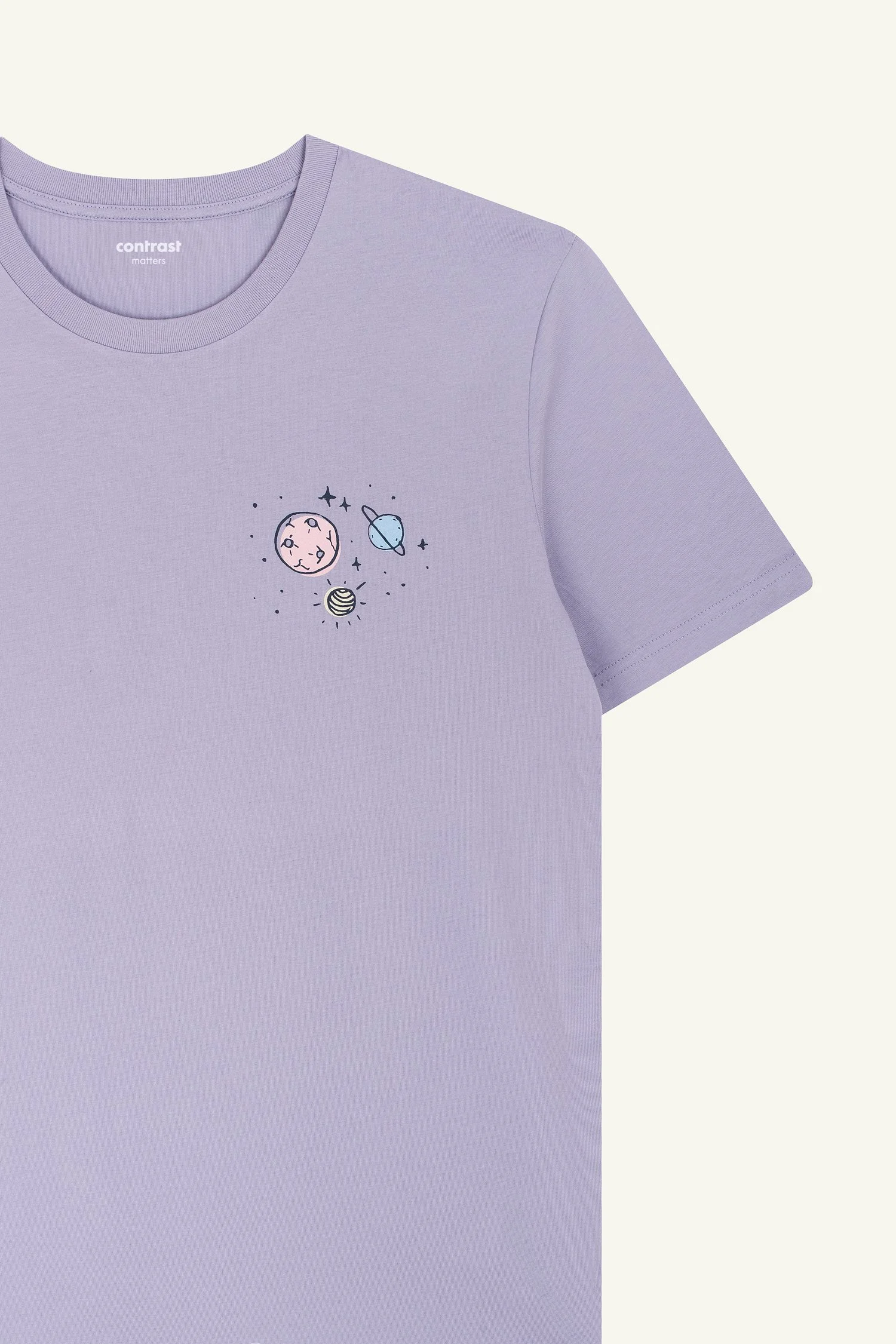 Contrast designer graphic tees collection featuring Outer Space organic tee shirts with celestial print.