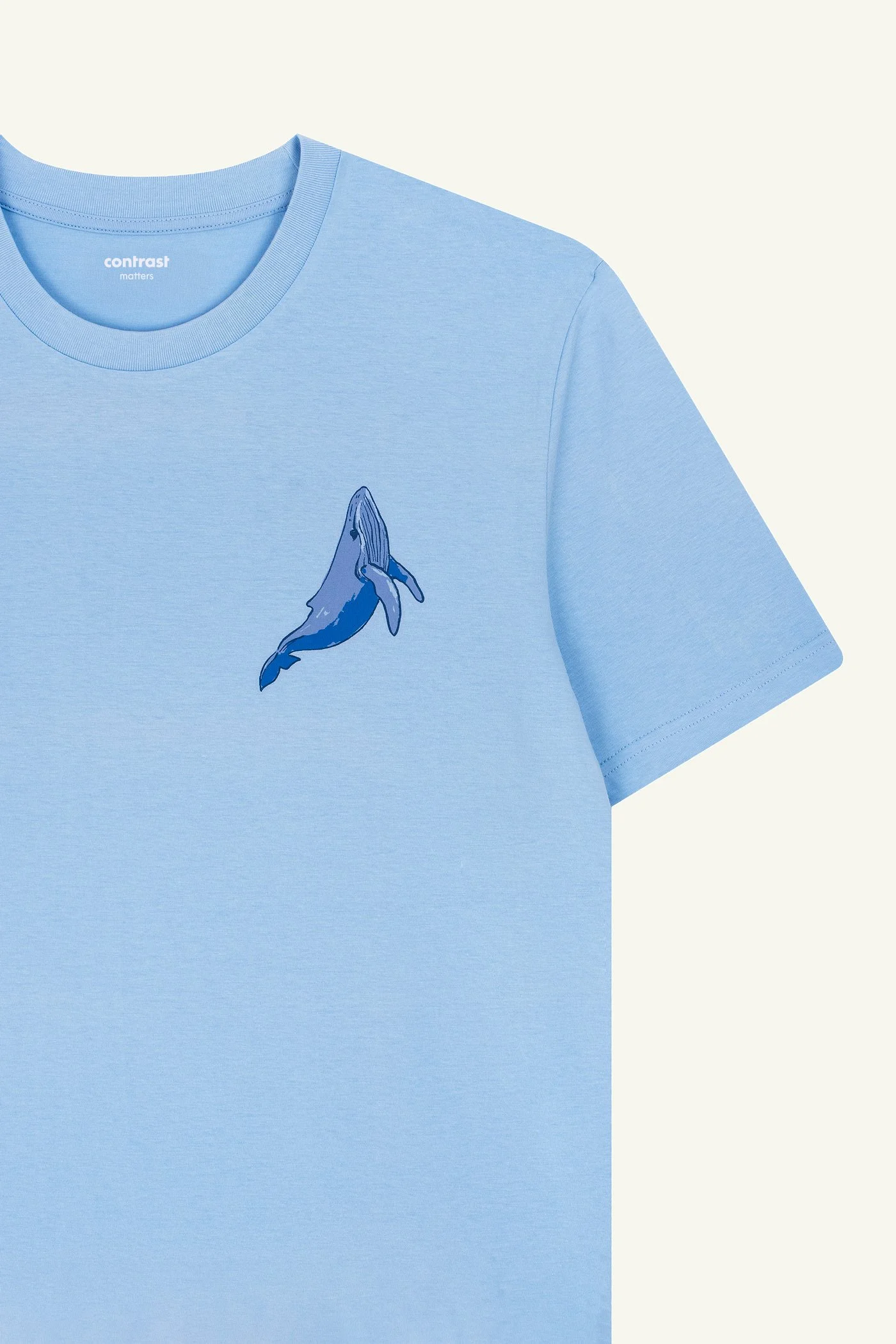 Contrast designer graphic tees collection featuring Jumping Whale organic t-shirt in Blue Soul.