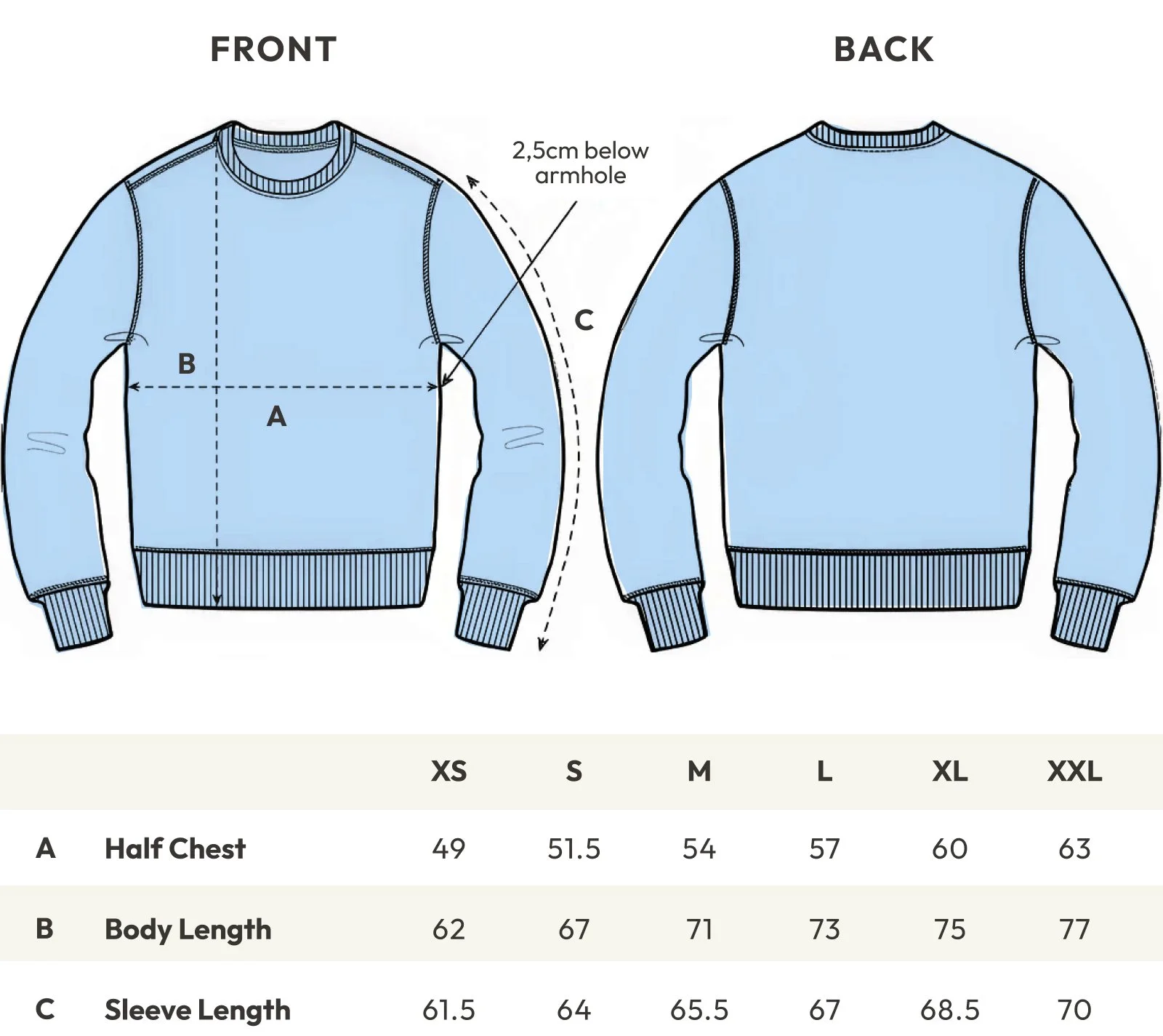 Illustrated Contrast sweatshirt size guide showing chest width, body length and sleeve length measurements front and back
