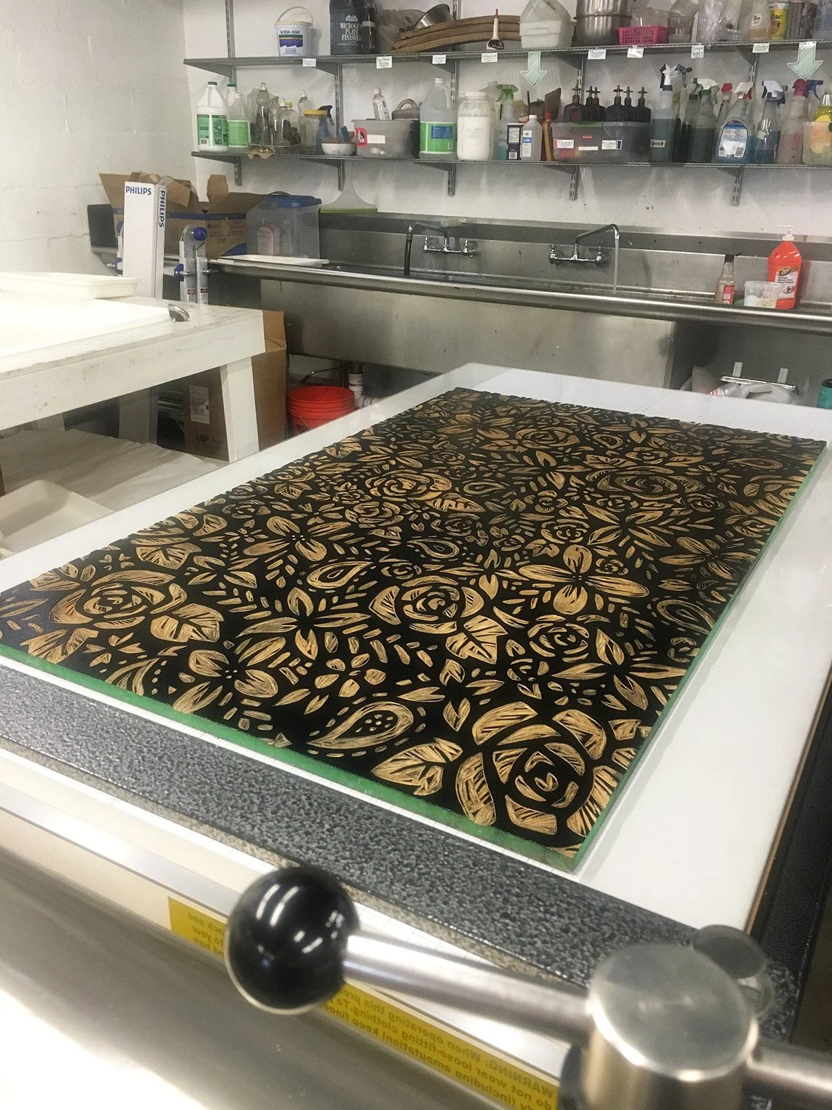 3"x 5" Woodcut on Press