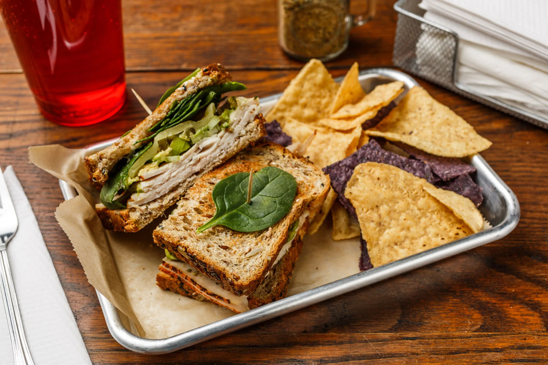 Sorry Charlie Tuna salad, green onions, Monterey Jack cheese, spinach, mayo, and spike seasoning. Made as a wrap, sandwich, or salad. Served with organic tortilla chips. $6.79