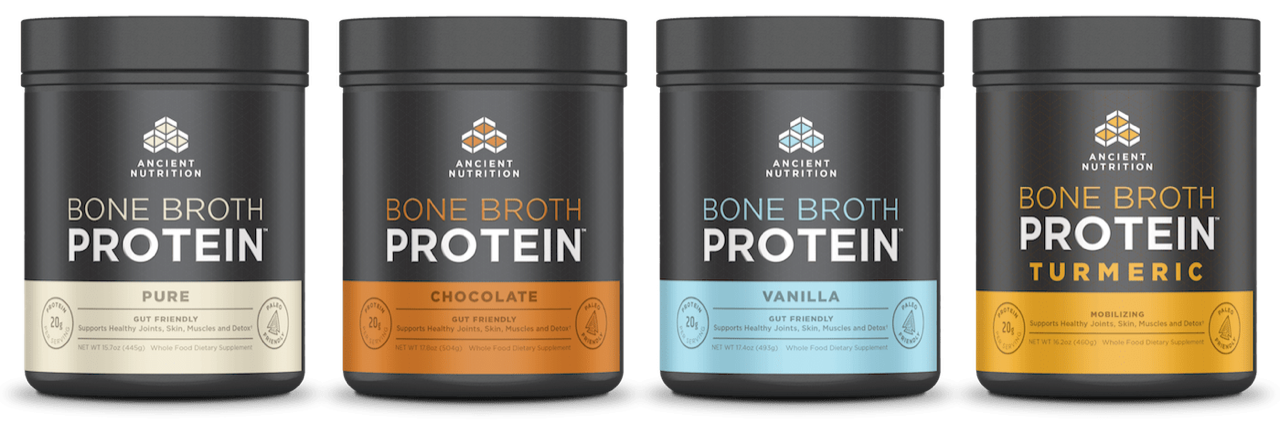 Ancient Nutrition Bone Broth It’s a breakthrough in protein supplementation that delivers the benefits of homemade bone broth in a convenient, easy-to-mix form. Try all eight flavors.