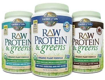 Garden of Life Raw Protein and Greens RAW Protein & greens—in a variety of available flavors, including Real RAW Vanilla, Chocolate Cacao, and Lightly Sweet. Offering 20 grams of smooth, raw organic plant protein per serving from organic sprouted brown rice, organic peas, organic chia, organic navy beans, organic lentil beans and organic garbanzo beans and 6 organic greens and veggies—organic alfalfa grass juice, organic spinach, organic kale, and organic broccoli, carrots and beets—1.5 billion CFU probiotics, 13 non-GMO enzymes, 3 grams of organic fiber and less than 1 gram of naturally occurring sugar, RAW Protein & greens is a delish way to get your protein and greens in one serving. And it’s CLEAN, TRACEABLE and PURE.