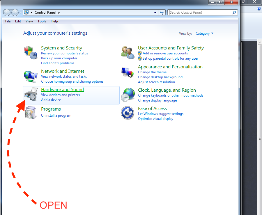 2. From the Control Panel, locate the Hardware and Sound settings and open it