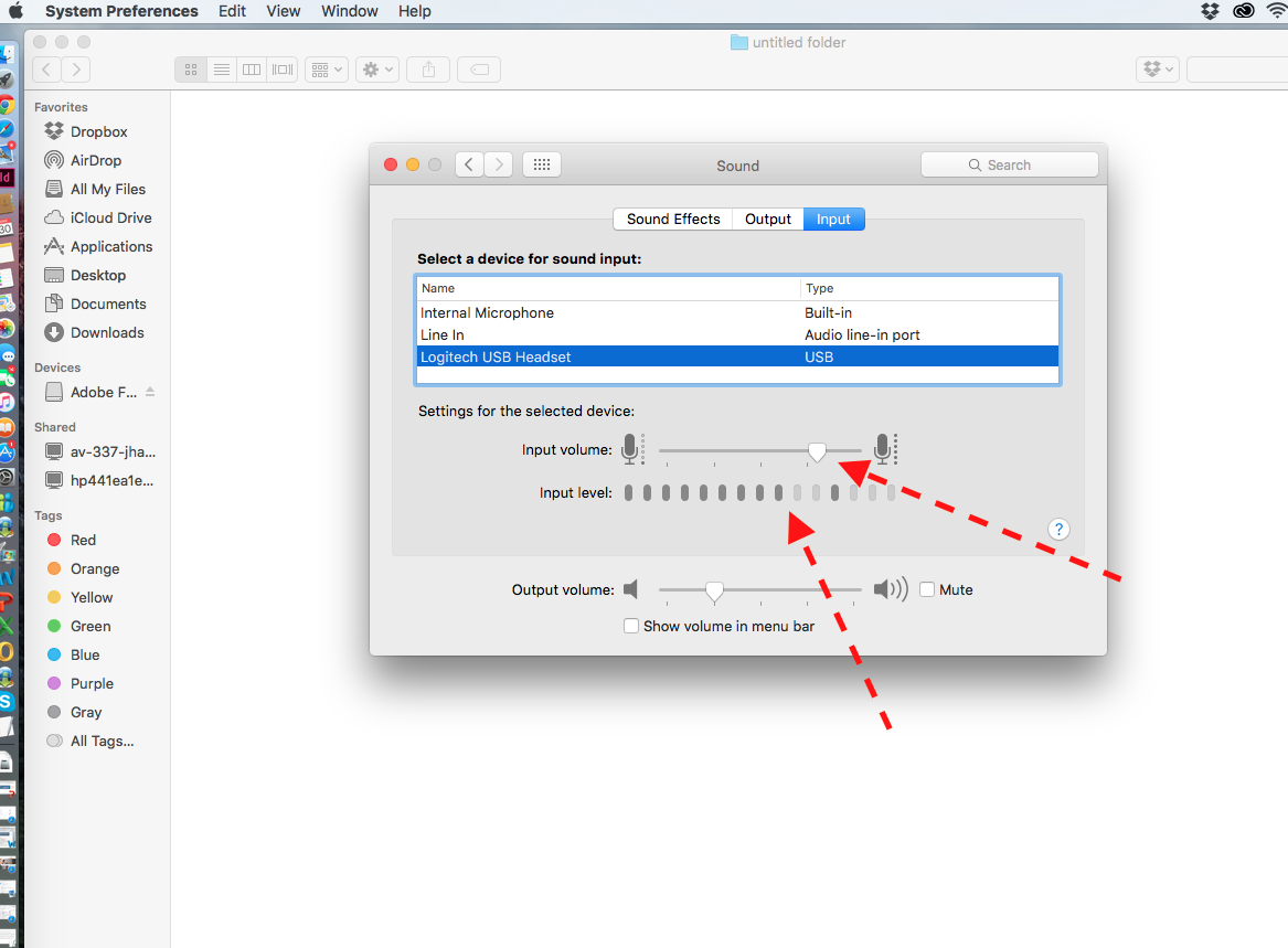 5. Adjust the Input volume slider until the input level graph shows movement during normal speaking with the microphone at an appropriate distance from the speaker. The microphone gain should now be set properly to allow students to record their speaking responses. Close System Preferences when done making changes.