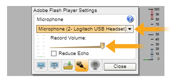 5. On the Microphone tab, it is possible to select the active microphone from the drop-down list, as well as turn up the recording volume, or gain 6. Click "Close" when finished