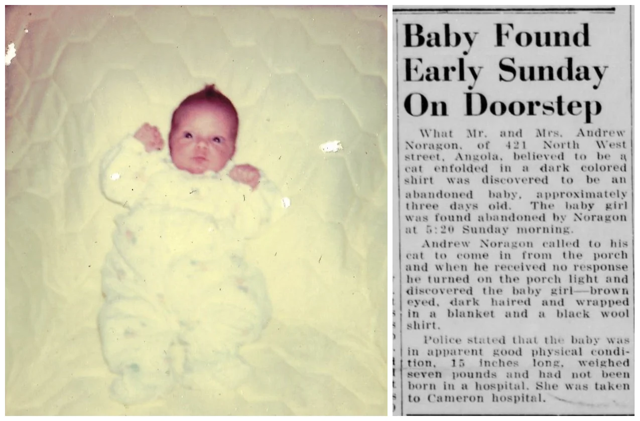 Beth at 3 weeks old and the front page newspaper article announcing her “foundling” beginnings. Courtesy of Beth Steury.