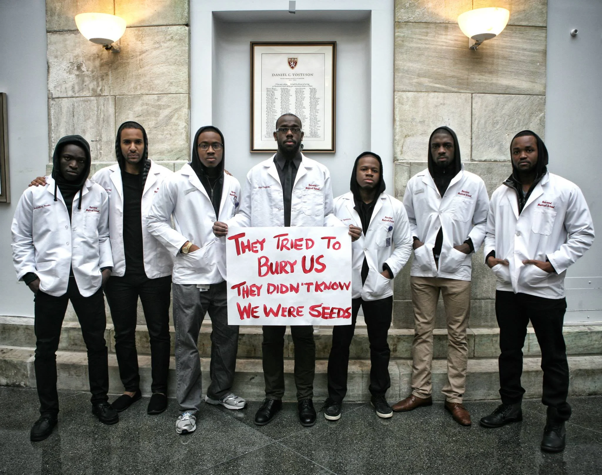 Picture courtesy of Chidi Akusobi (far left). In this powerful photo from 2014, Chidi and a group of his classmates from Harvard Medical School show their solidarity with the Black Lives Matter movement while carrying an English translation of the famous Mexican proverb “Quisieron enterrarnos, pero se les olvido que somos semillas.”
