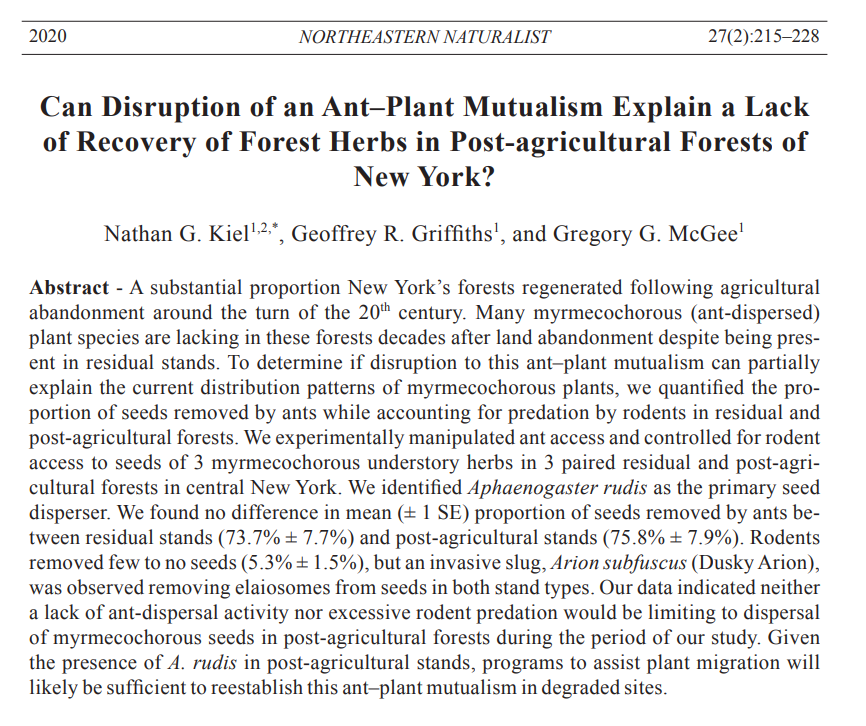 Ant dispersal of understory species not limiting in post-agricultural forests