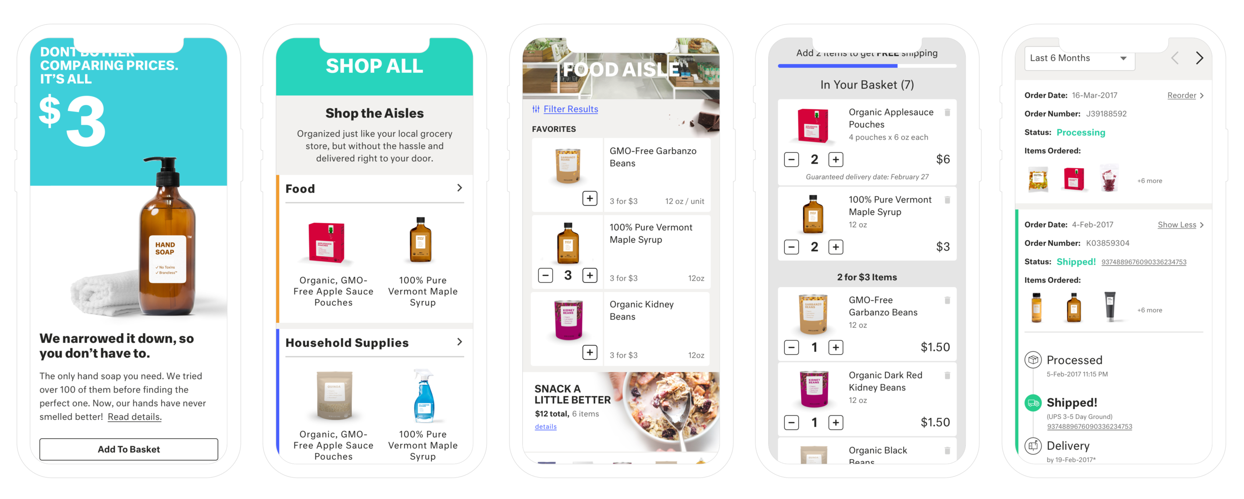 from left to right: home page, "shop all" page, category landing page, cart, account page