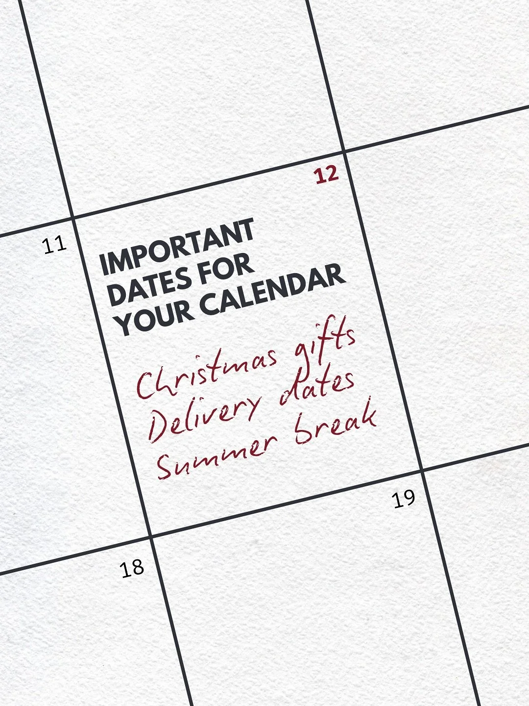 IMPORTANT DATES // With Christmas around the corner and summer kicking in, we&rsquo;re getting ready to wrap things up for the year.

Here&rsquo;s a quick heads up on Christmas orders, shipping cut-offs and our holiday break, so you can line up your 