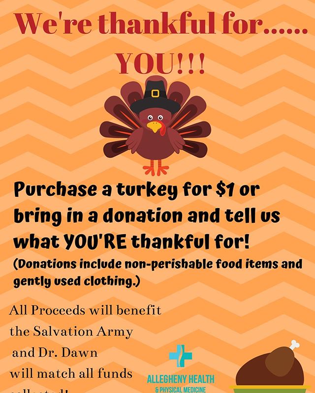 It&rsquo;s donation time! All month we will be collecting donations (non-perishable food items and clothing) for the Salvation Army! Bring your donations to the office or buy a $1 paper turkey to help out. We will match all donations! 
#donate today!