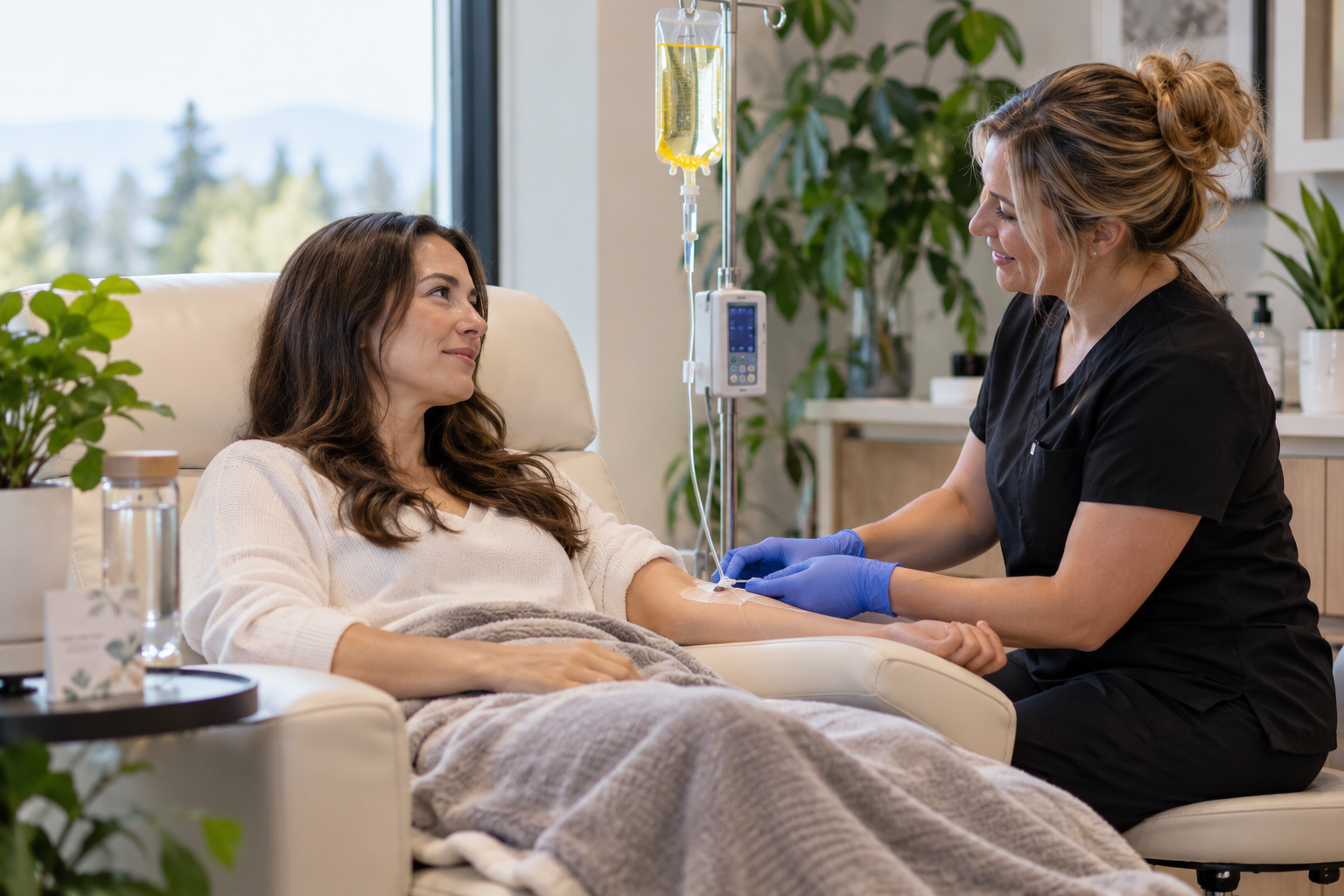 Female healthcare professional administering IV therapy to a patient relaxing in a treatment chair at a naturopathic wellness clinic in Vancouver, BC.