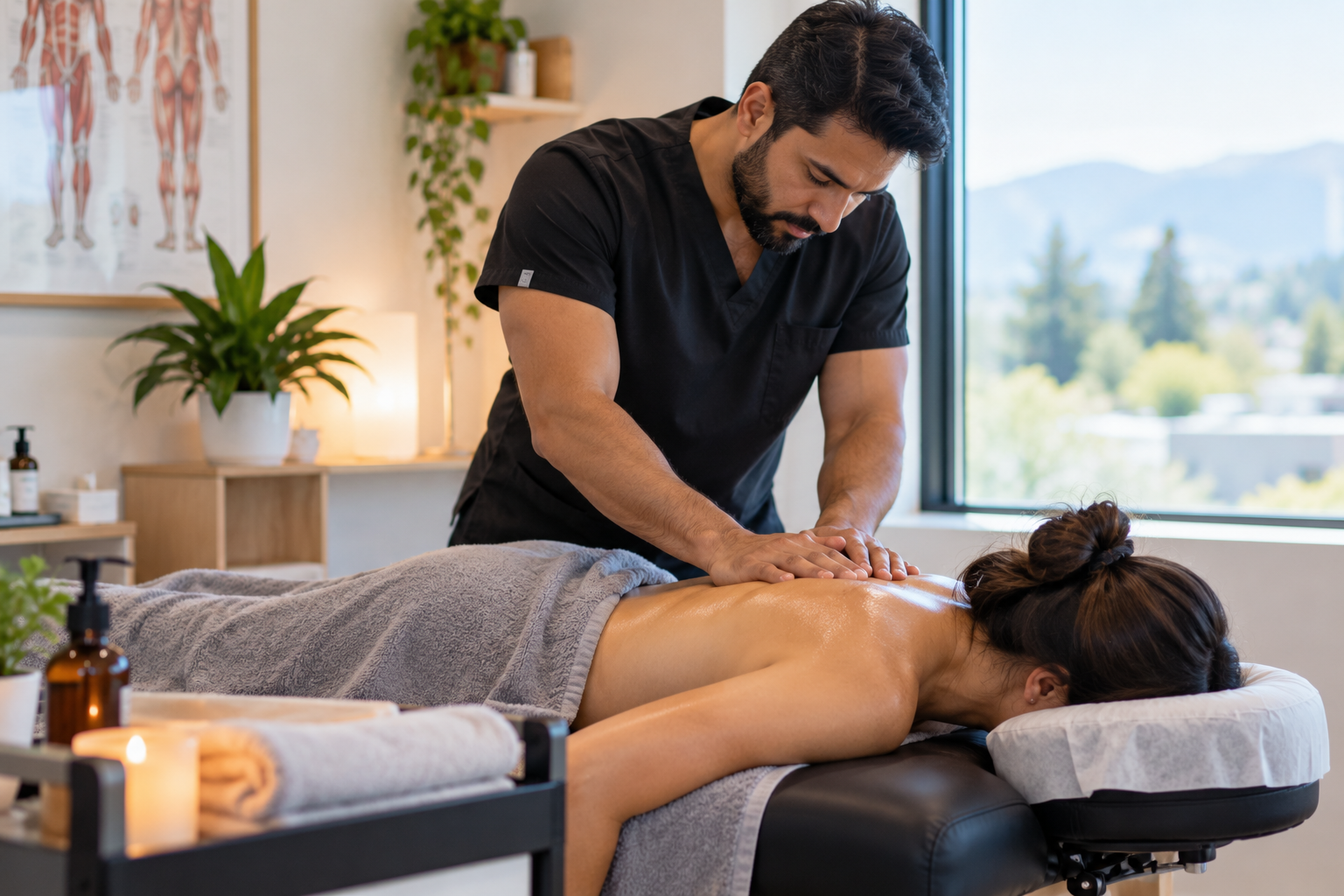 Male registered massage therapist performing deep tissue massage on a female patient's upper back to relieve muscle tension at a therapeutic massage clinic in East Vancouver, BC.