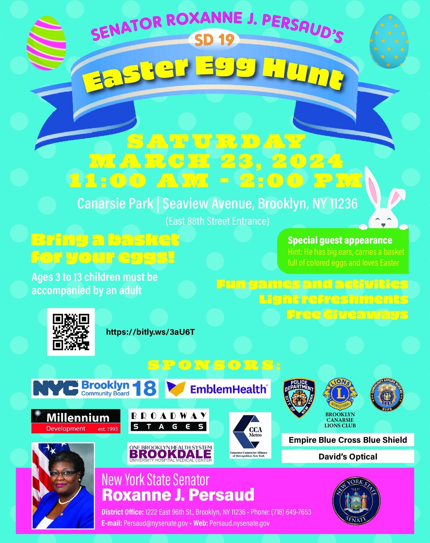 Hey LPOHMA Families, 

Come out to an Easter Egg Hunt this Saturday, March 23rd at 11AM, hosted by our esteemed supporter, New York Senator Roxanne J. Persaud. All are welcomed! Check out the flyer above for further details.