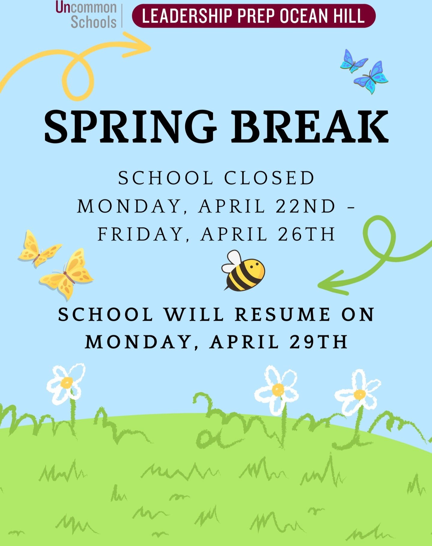 School will be closed from Monday, April 22nd through Friday, April 26th for our much-anticipated Spring Break. This is a wonderful time for students and families to relax, recharge, and enjoy some well-deserved time off.

Classes will resume as usua