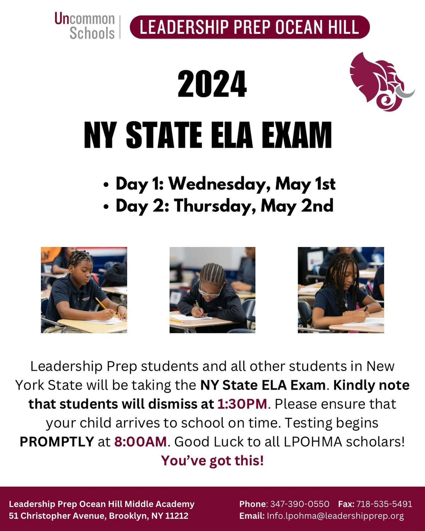 📚 Reminder families that the New York State ELA Exams are this Wednesday, May 1st and Thursday, May 2nd! It&rsquo;s time to show off our incredible reading and writing skills. ✨ 📝 📖 YOU&rsquo;VE GOT THIS! 👍🏽