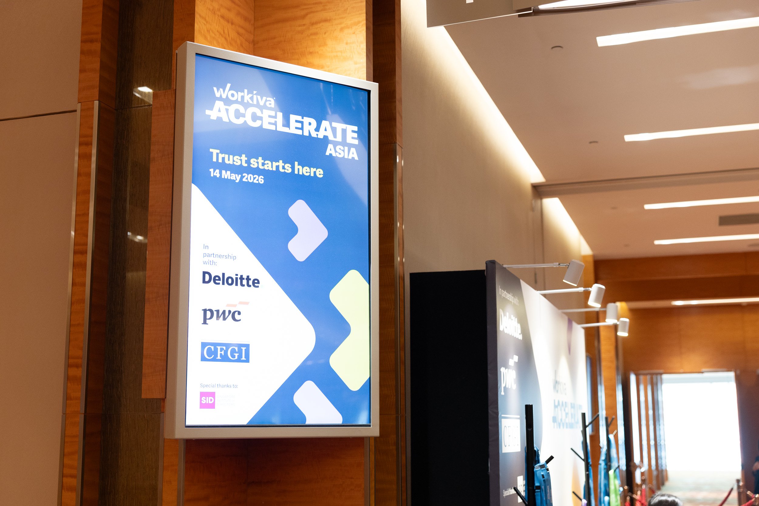  Welcome digital display screen for Workiva Accelerate Asia conference outside the Heliconia Junior Ballroom. 