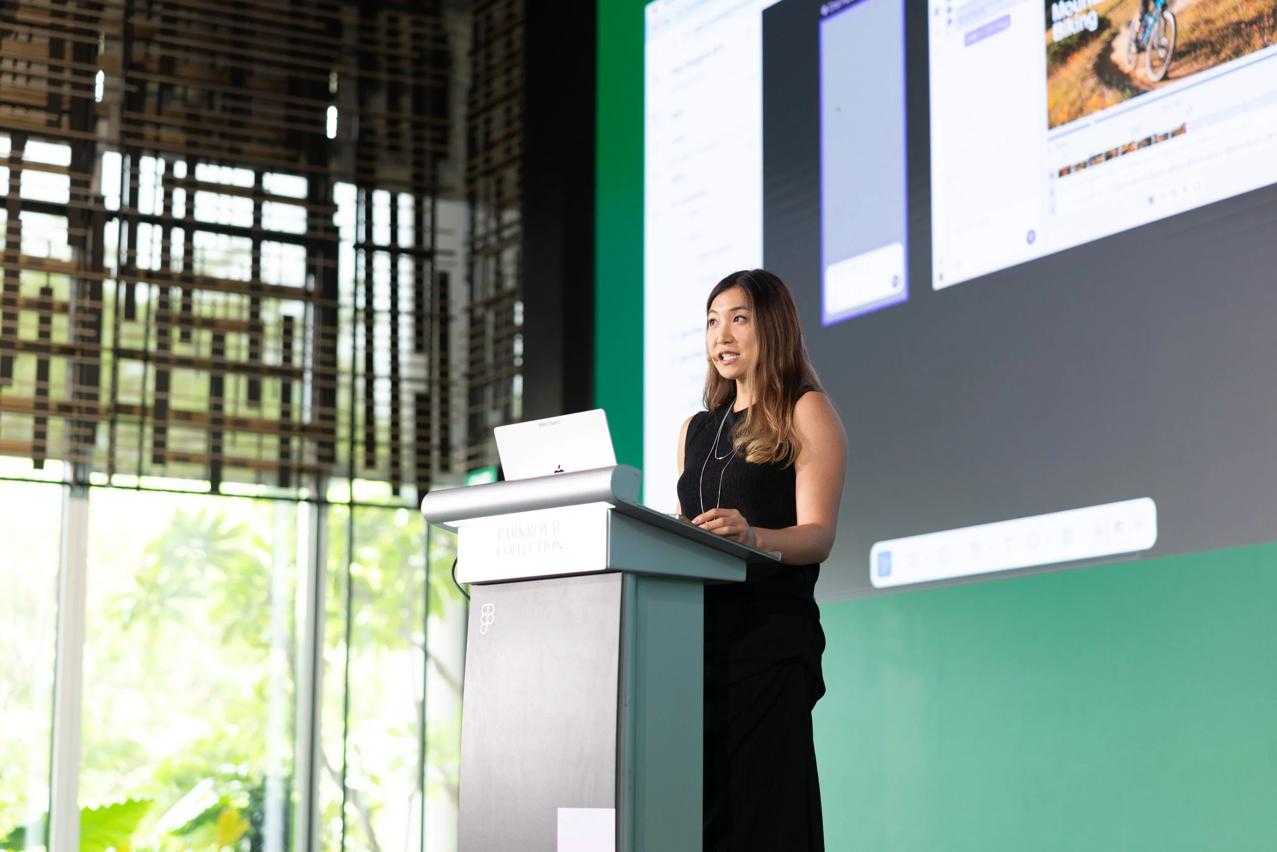  Close up shot of speaker Samantha Lee presenting during the Figma design conference. 