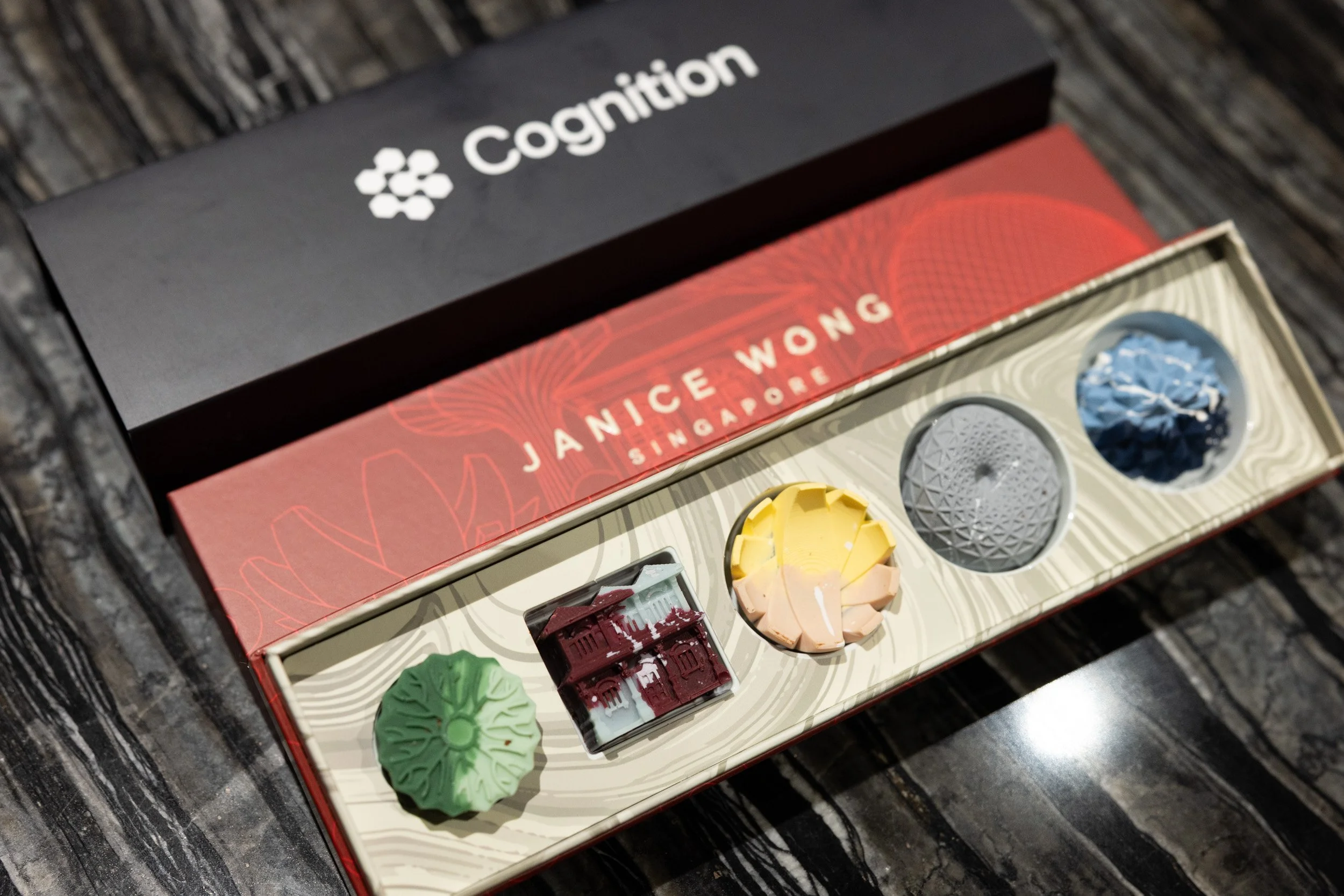  Detail shot of branded Cognition and Janice Wong co-branded gift box for VIP attendees. 