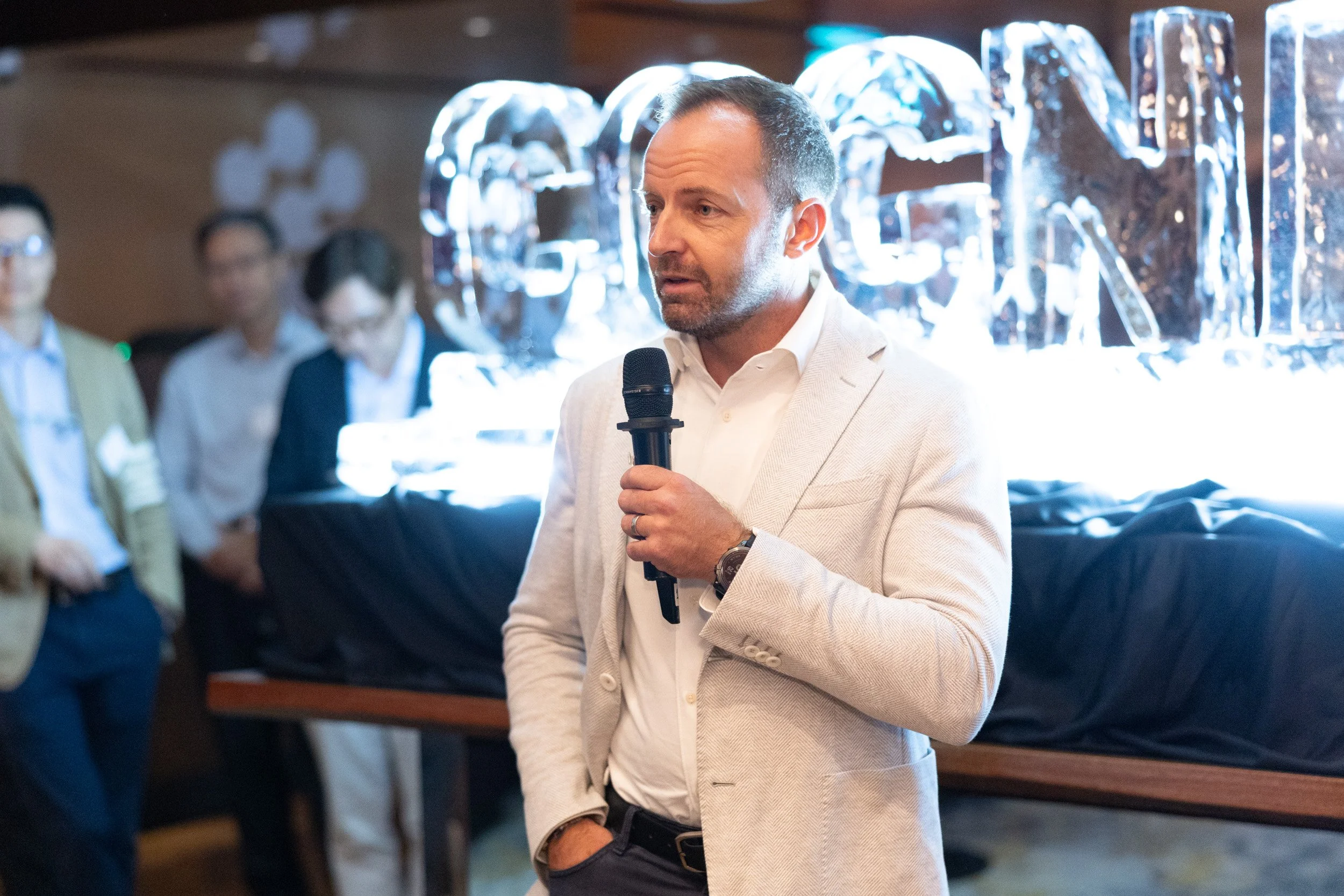  Close-up shot of Richard Spence speaking to guests during the VIP evening event. 