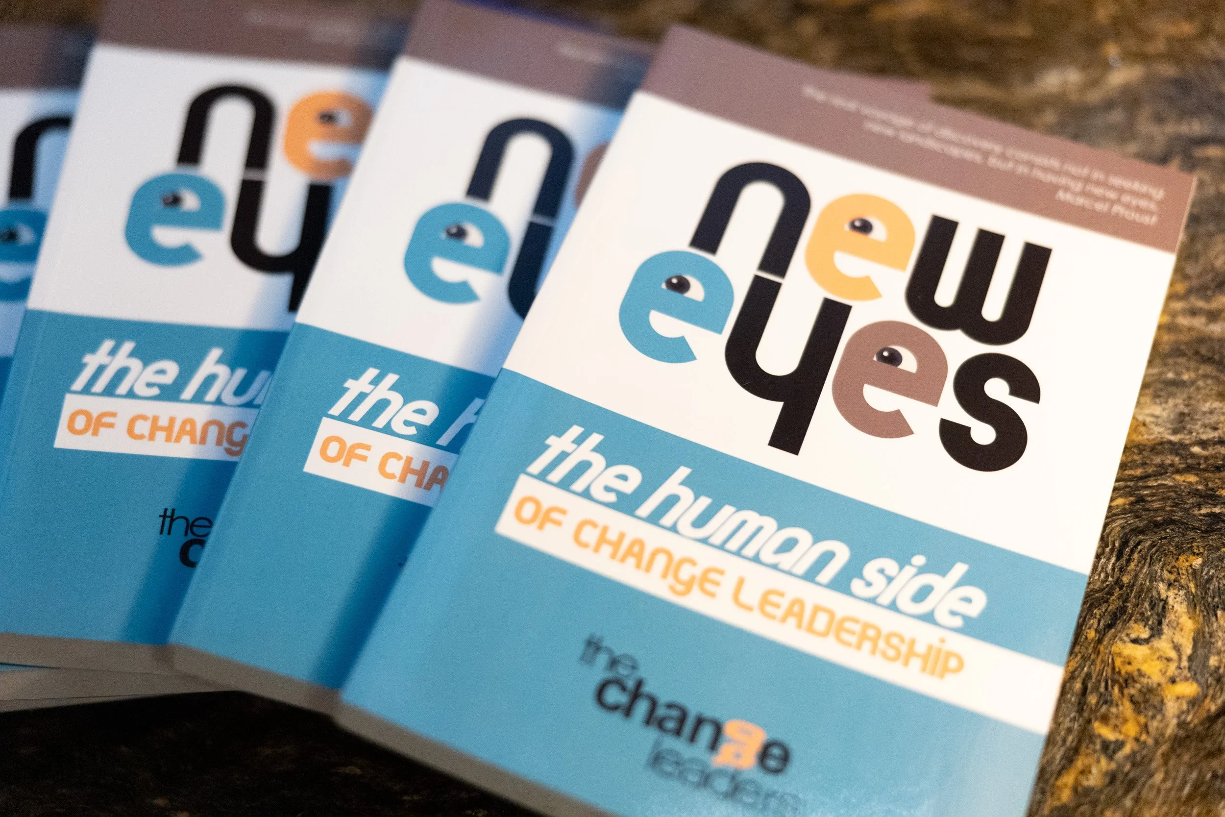 Close-up display of New Eyes books by Joanne Flinn laid out for guests at the relaunch celebration. 