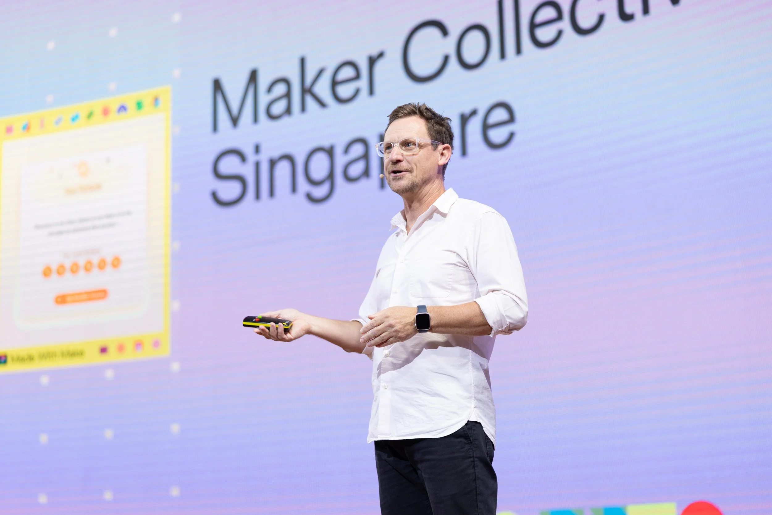  Close-up photo of speaker Duncan Farquharson presenting on stage at the Figma event. 