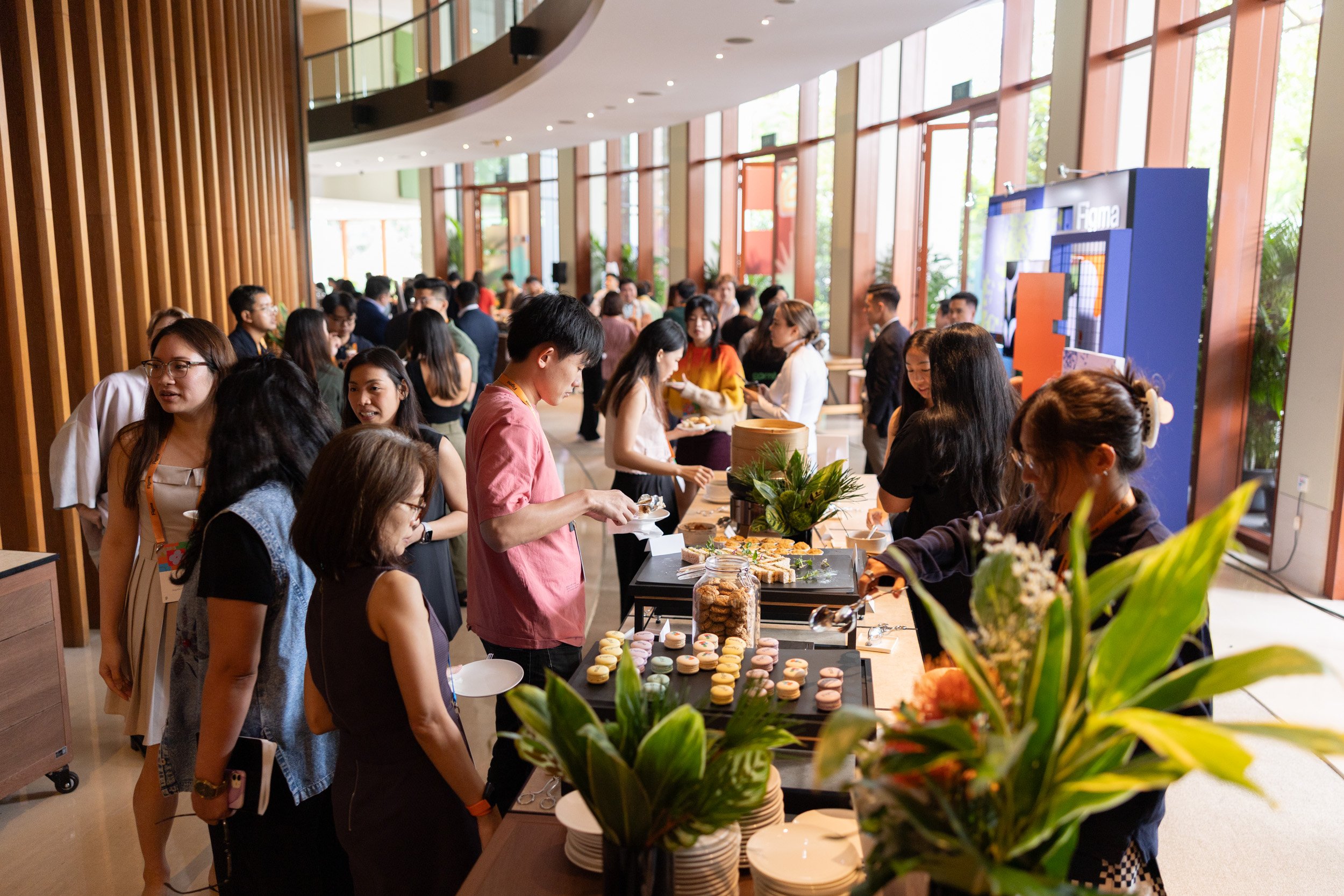  Spacious foyer catering setup outside the ballroom for the Figma Maker Collective event. 