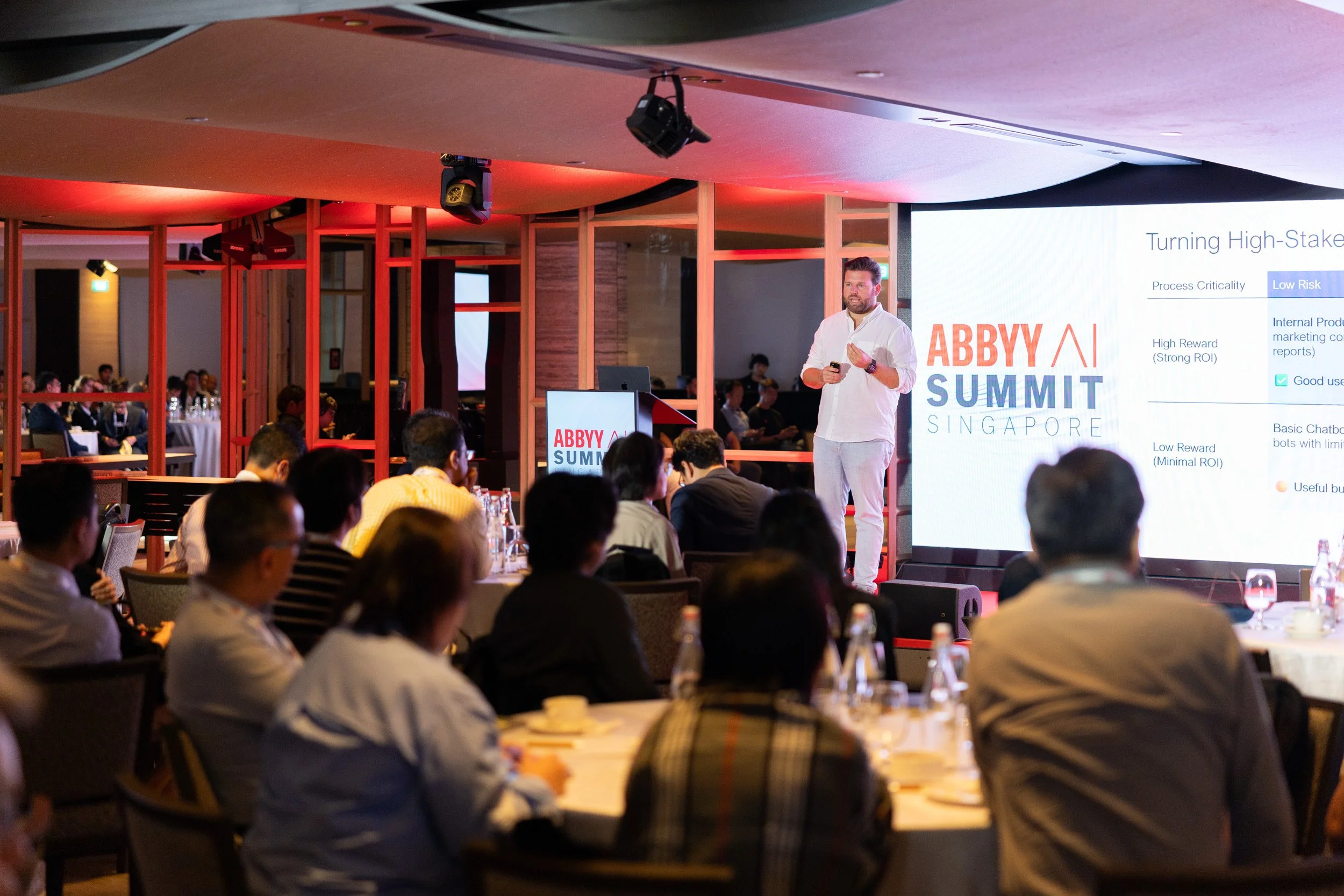  Speaker Maxime Vermeir presenting AI technology capabilities at the ABBYY conference. 