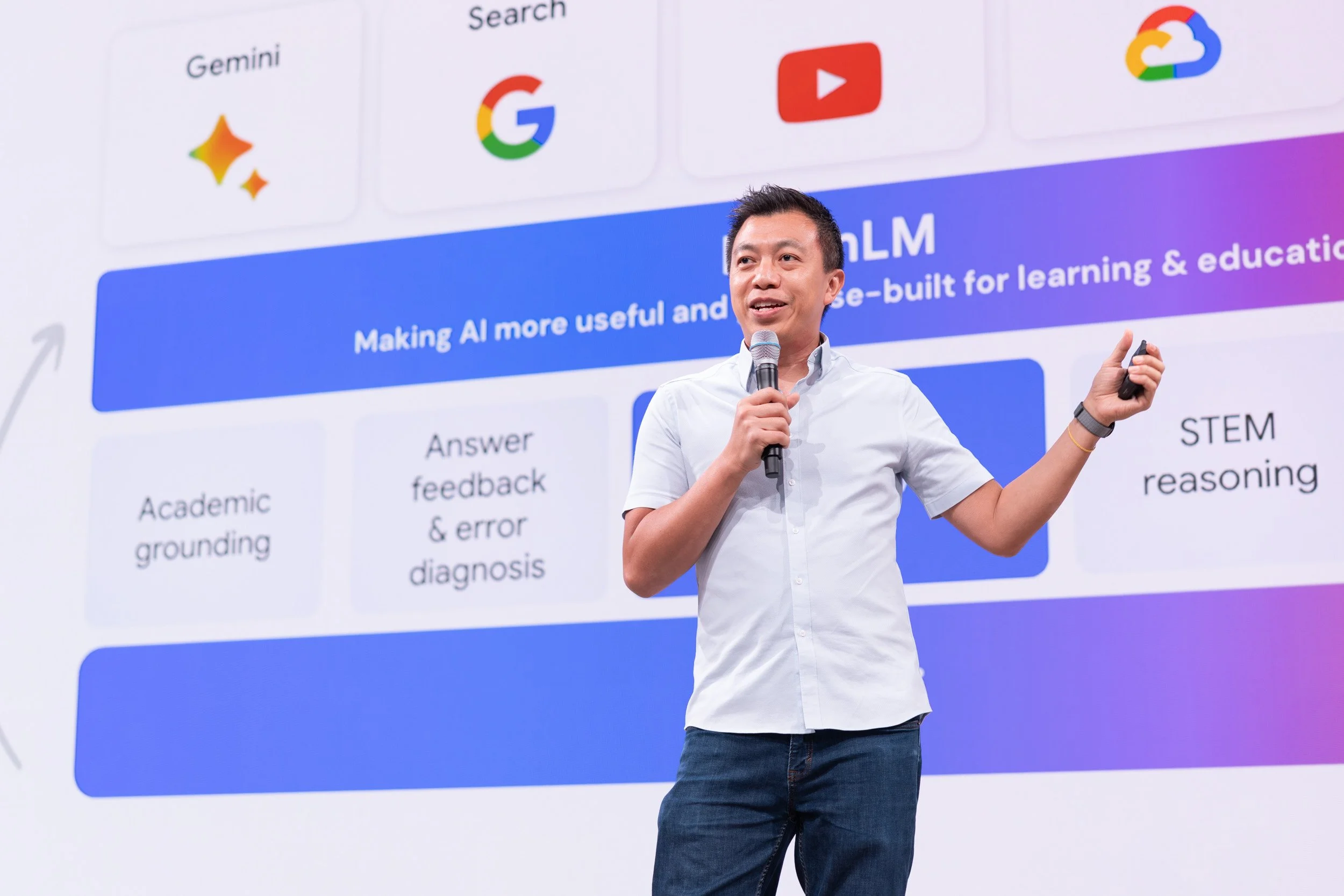  Close-up portrait of Suan Yeo speaking on stage during the Google for Education event. 