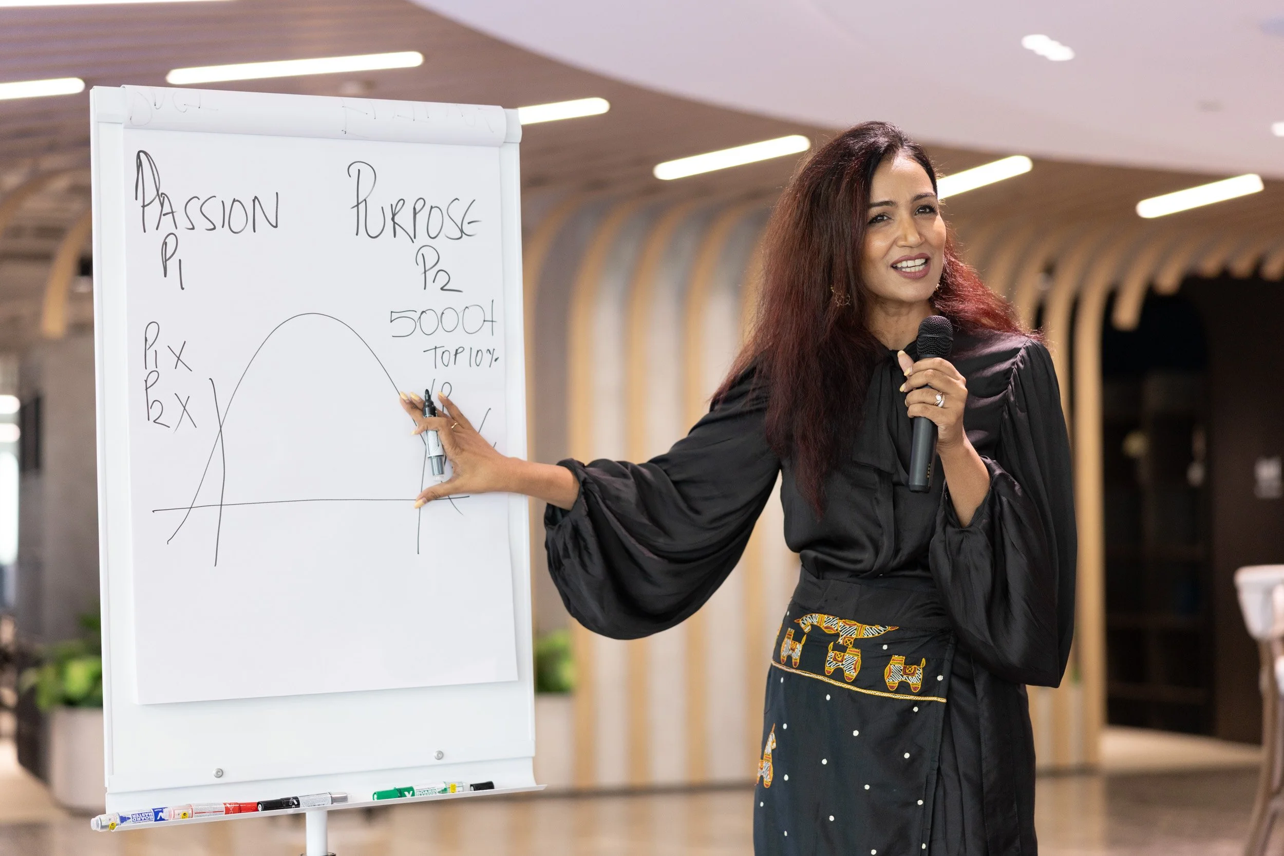  Close-up photograph of Bhavna Toor pointing to visual diagrams during her presentation. 
