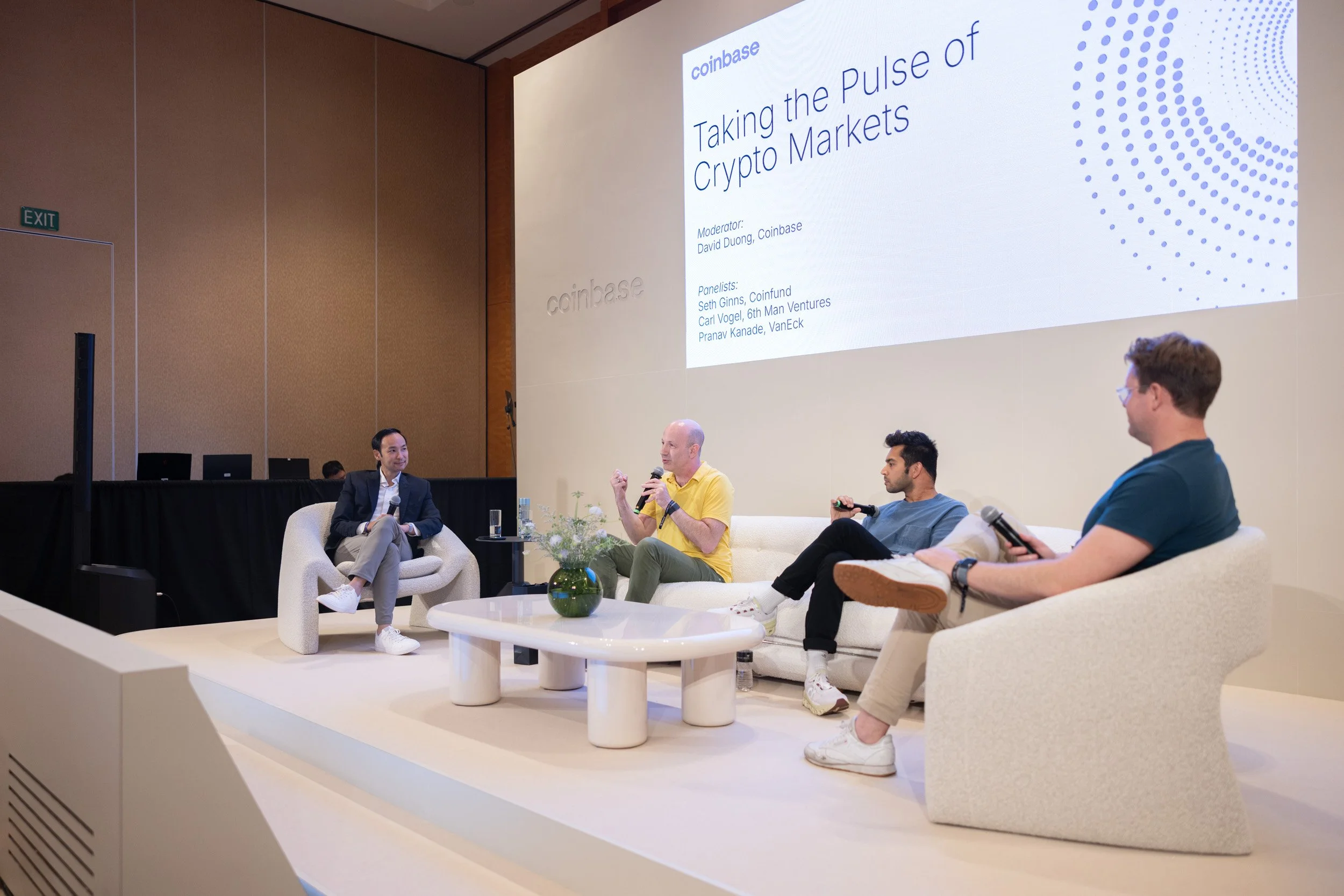  Wide perspective of Seth Ginns, Carl Vogel, Pranav Kanade, and moderator David Duong concluding their panel at Token 2049. 