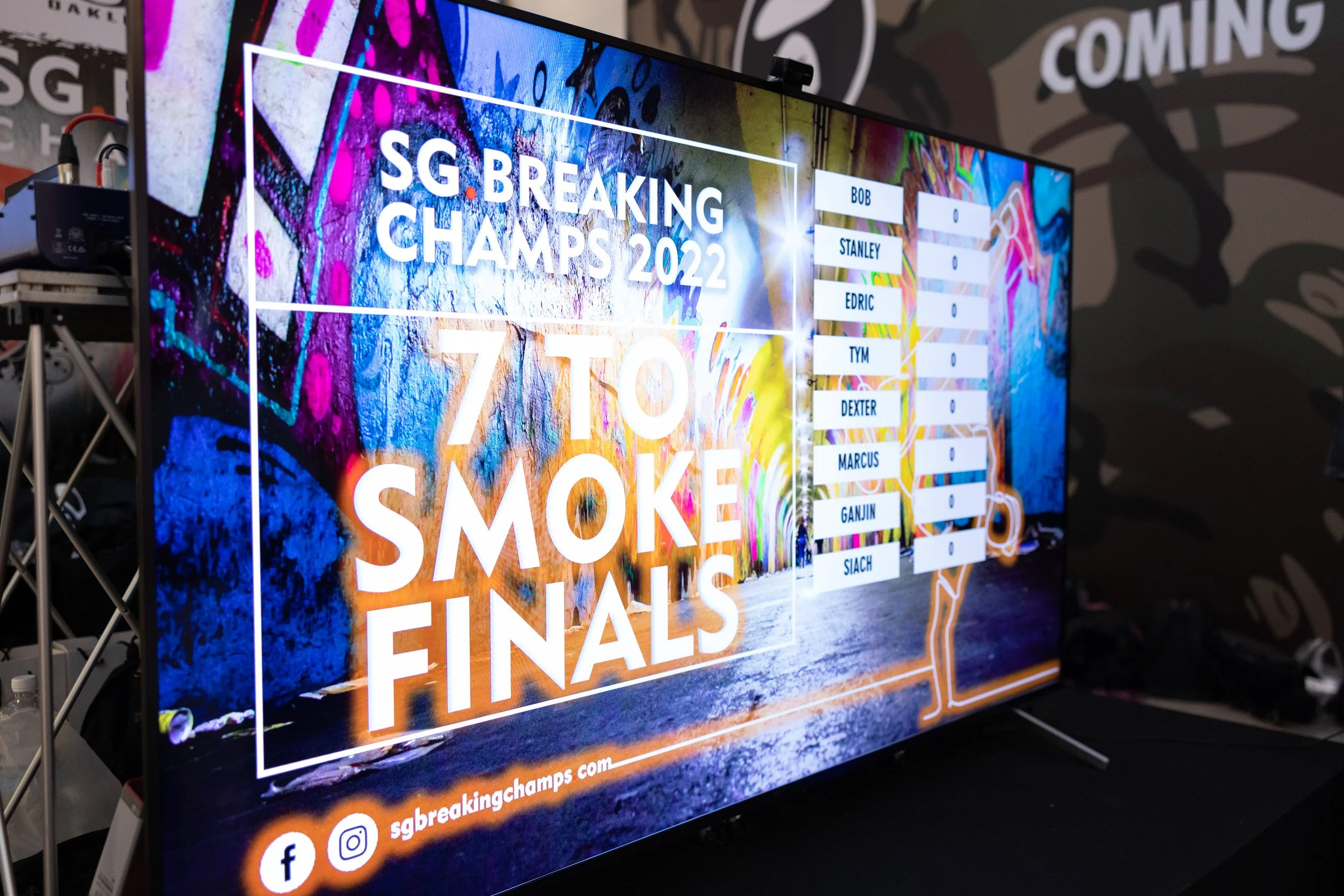  Close-up photo of the digital scoreboard screen displaying participant names and scores at SG Breaking Champs 2022. 