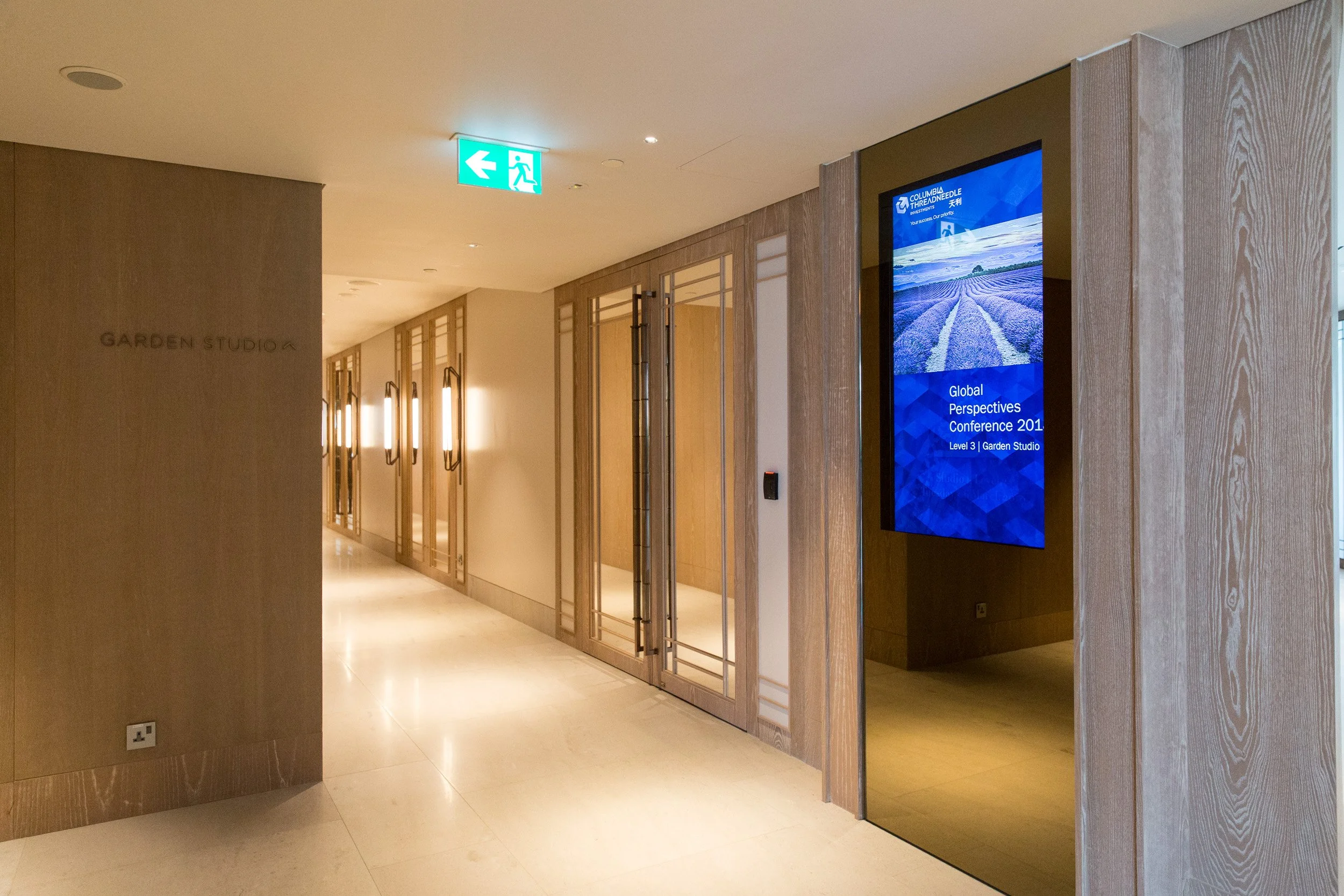  Welcome entrance display at Garden Studio showing the Columbia Threadneedle Investments Global Perspectives Conference 2018 title graphic. 