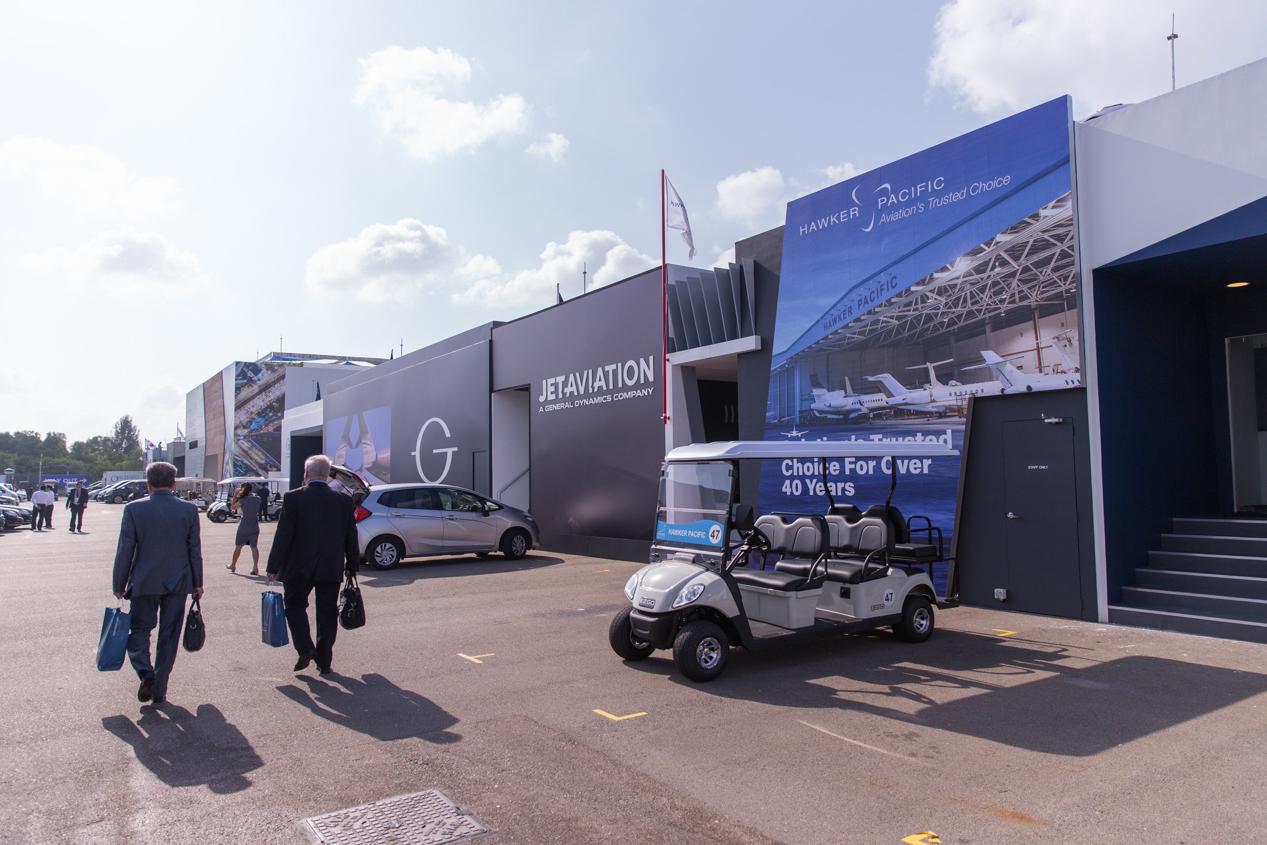  Exterior view of Hawker Pacific Hospitality Chalet entrance at Changi Exhibition Centre during Singapore Airshow 2018. 