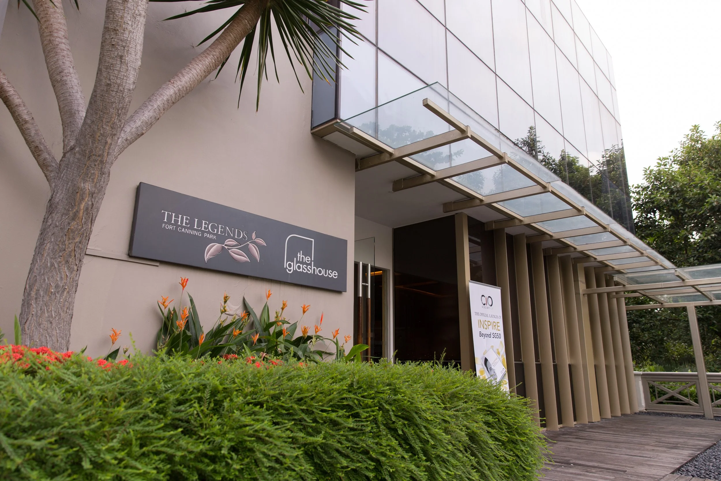  Architectural shot of the exterior venue facade at The Glasshouse at The Legends Fort Canning Park. 