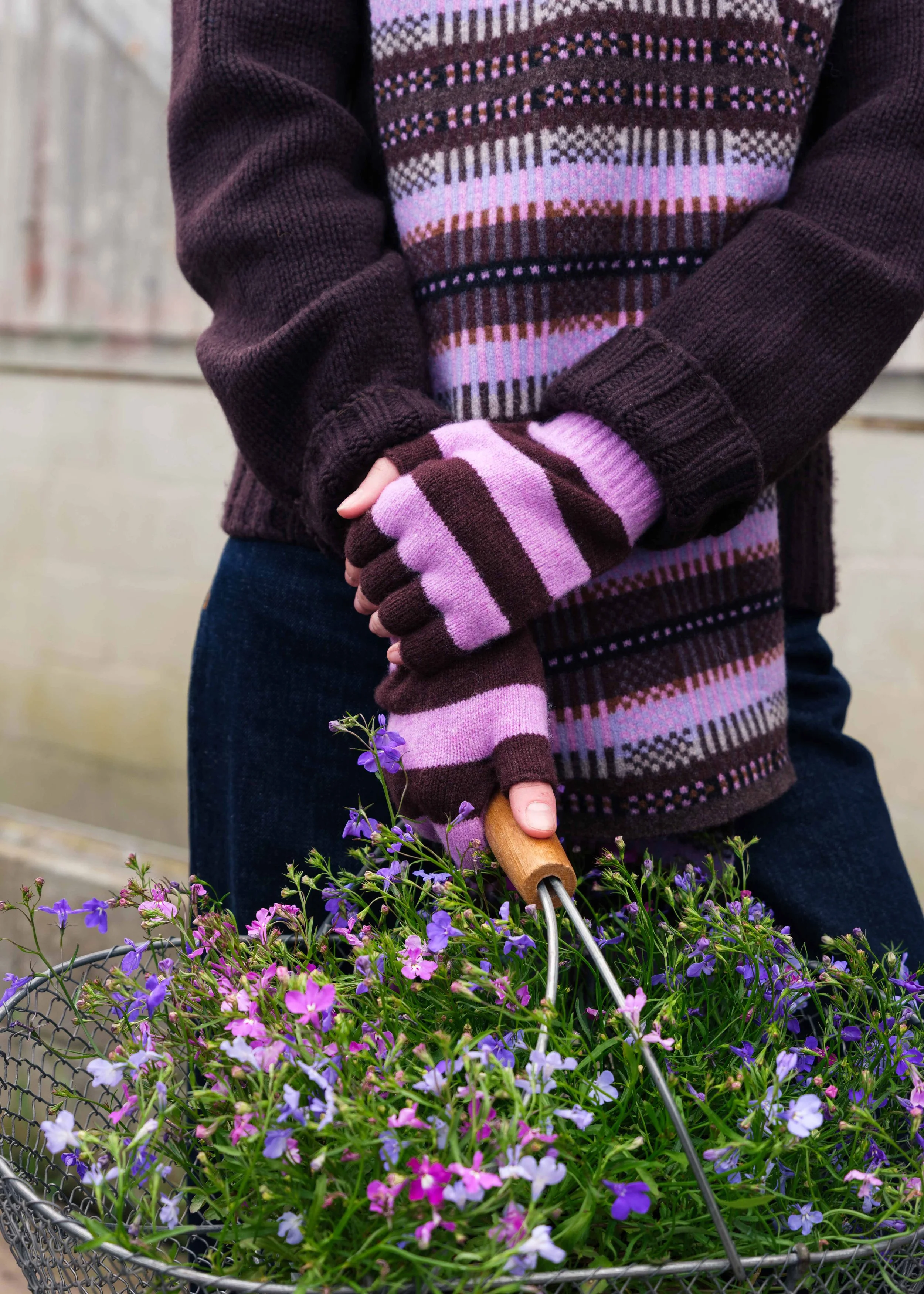 Stripe Fingerless Gloves in Lilac and Chocolate