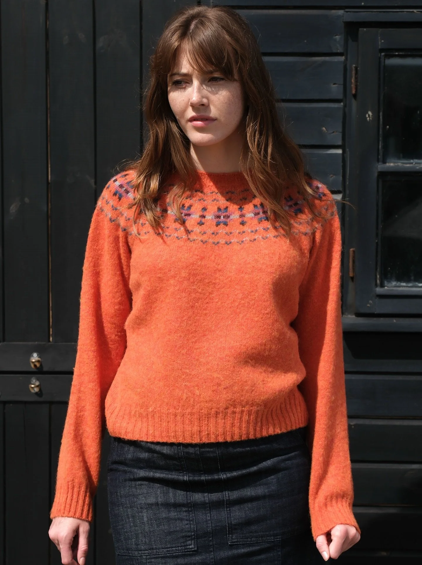 We&rsquo;re mad about satsuma shades ! Last year we released a fairisle cardigan in this deep orange and it was so popular that we wished we&rsquo;d made more! This season we developed the design into this shaggy jumper. It&rsquo;s super soft, 100% l