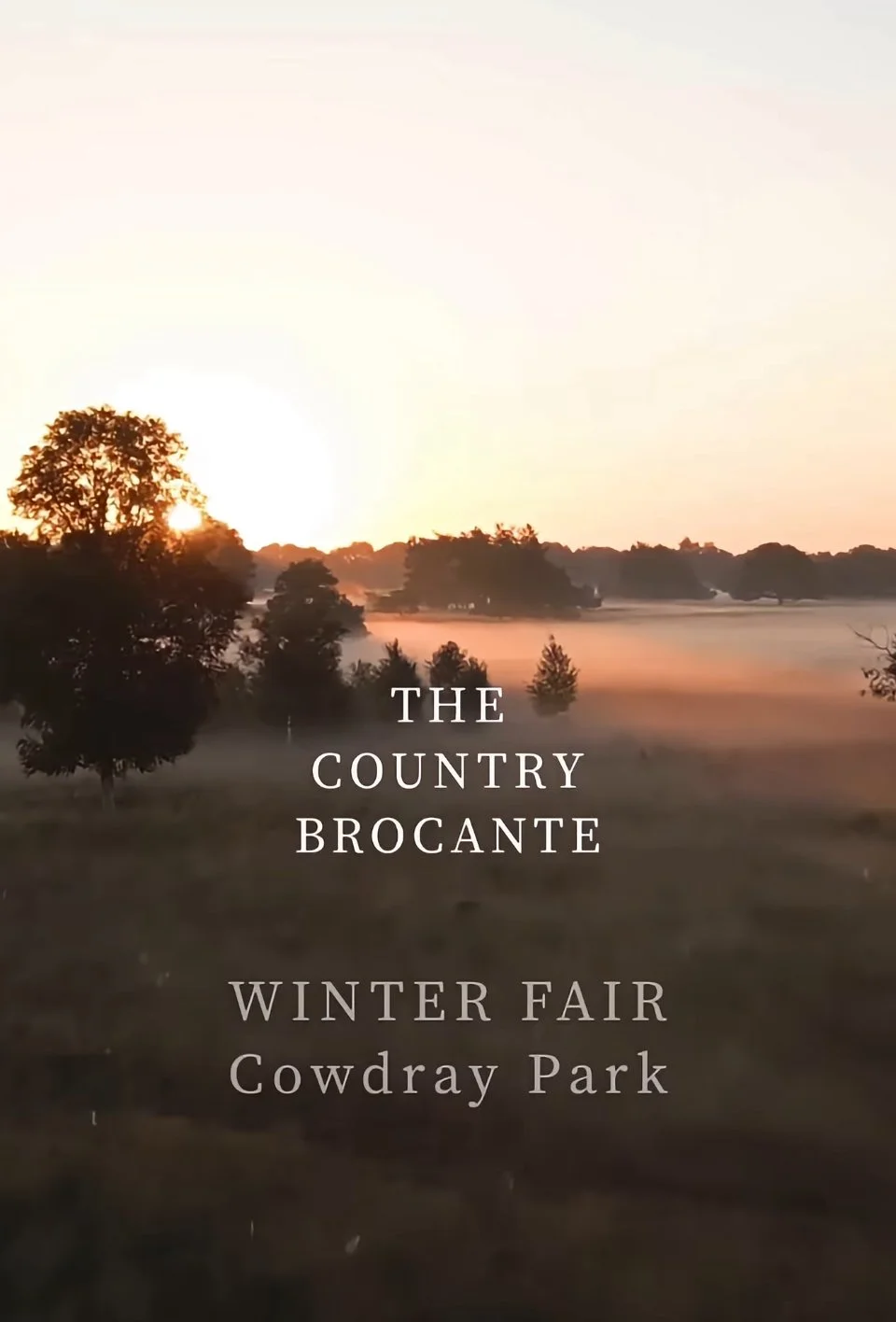 Sunrise over a foggy park with trees, promoting the Winter Fair at Cowdray Park with the theme "The Country Brocante."