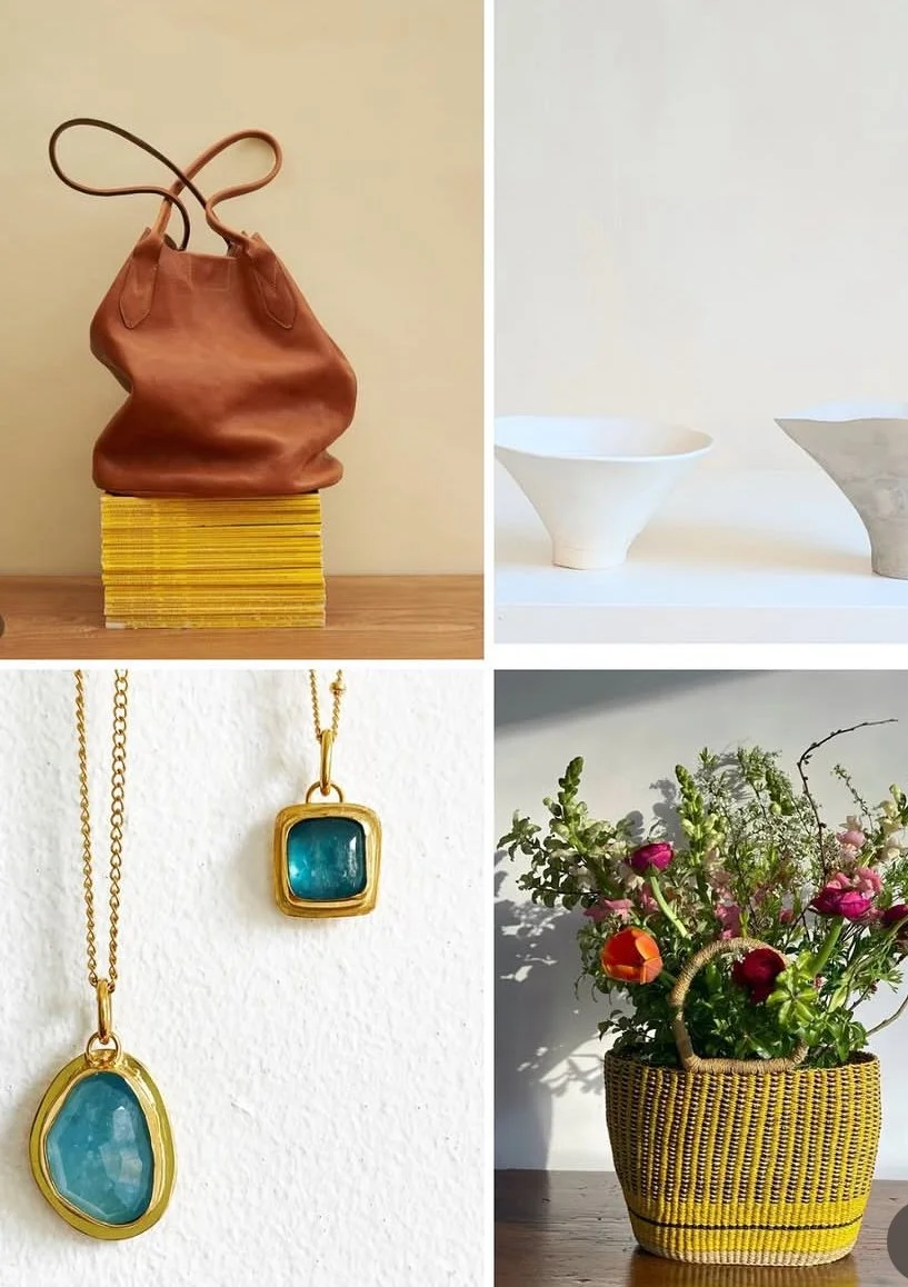 A collage of four images: Top left shows a brown leather handbag on a yellow stack of books against a plain background; Top right displays two decorative white and gray ceramic bowls on a white shelf; Bottom left features two gold chain necklaces with blue pendants hanging on a white wall; Bottom right shows a woven yellow basket filled with pink and orange flowers.