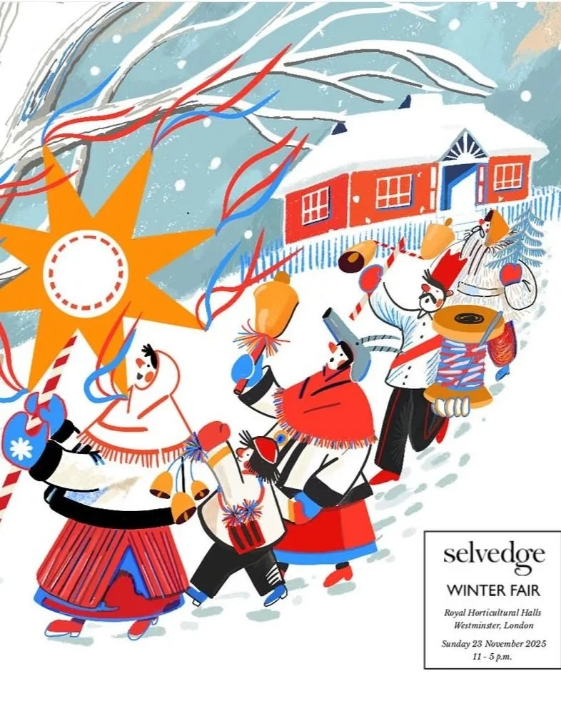 Illustration of people celebrating winter outdoors, with snow falling, a large yellow star, a red house in the background, and a sign for the Selvedge Winter Fair in London on November 23, 2025.