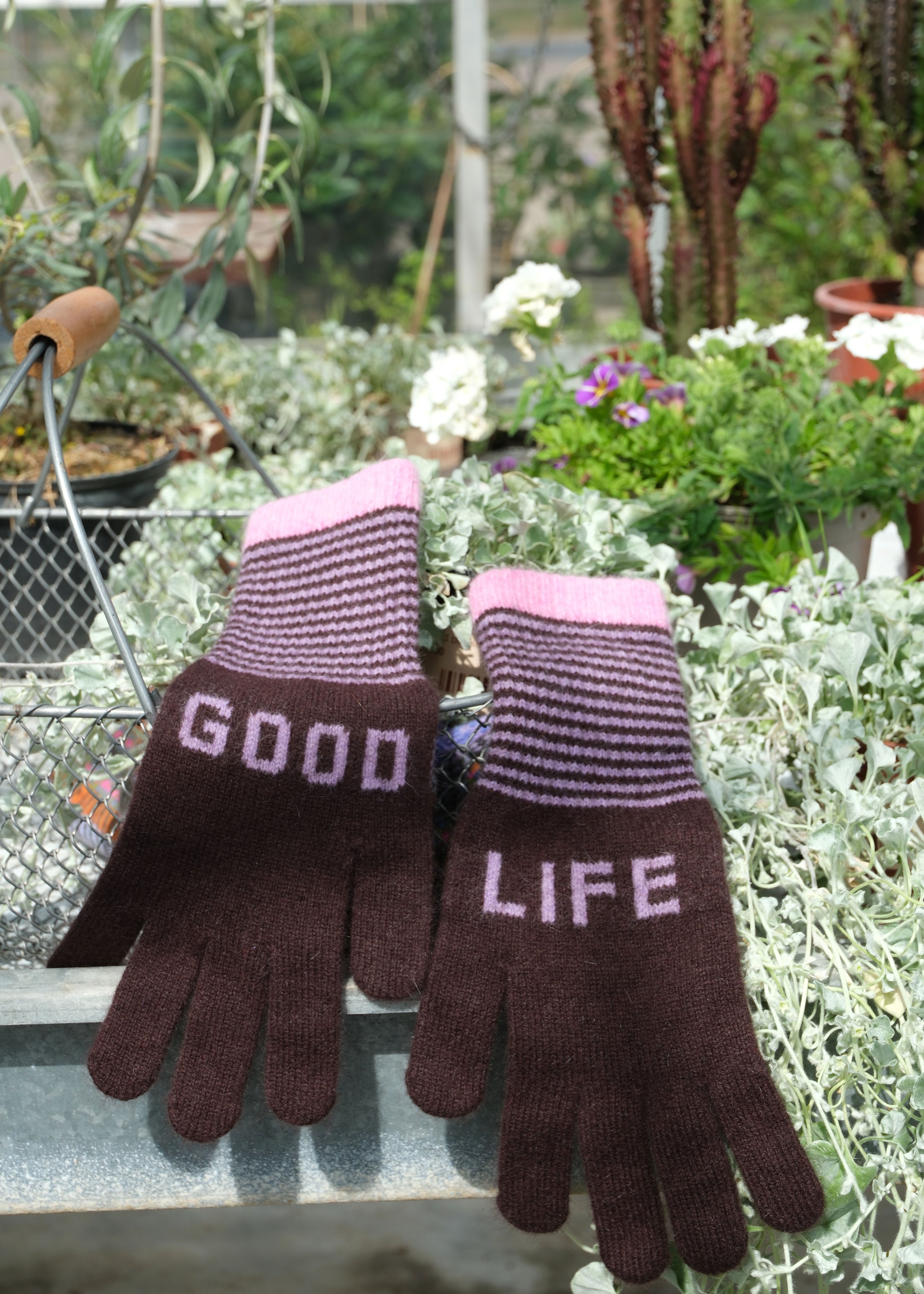 Good Life Angora Gloves in Lilac and Brown