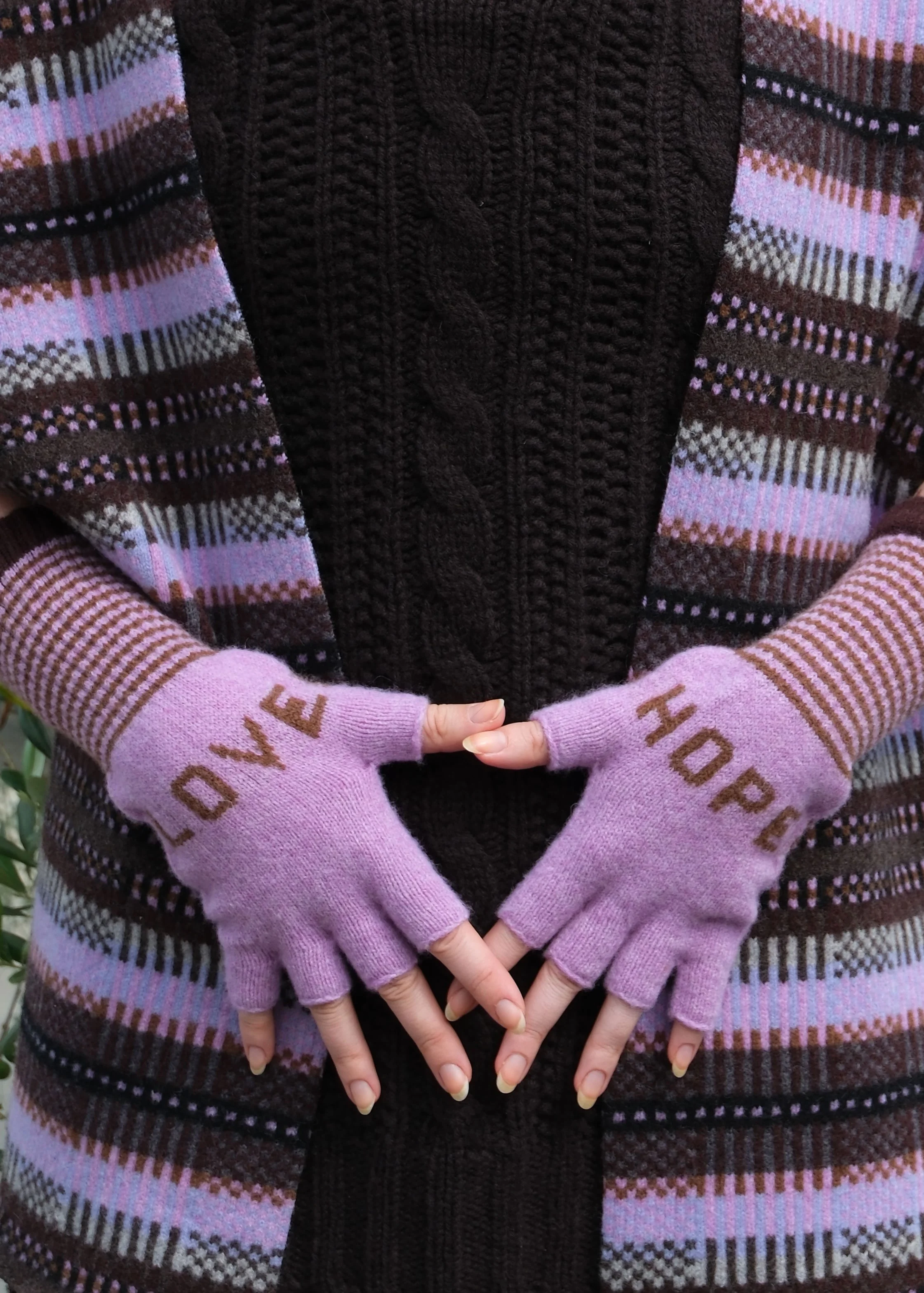 Love & Hope Fingerless Gloves in Lilac and Chocolate
