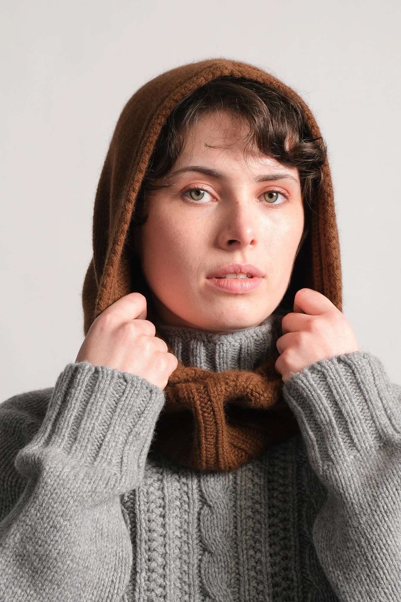 Angora Hooded Cowl in Brown