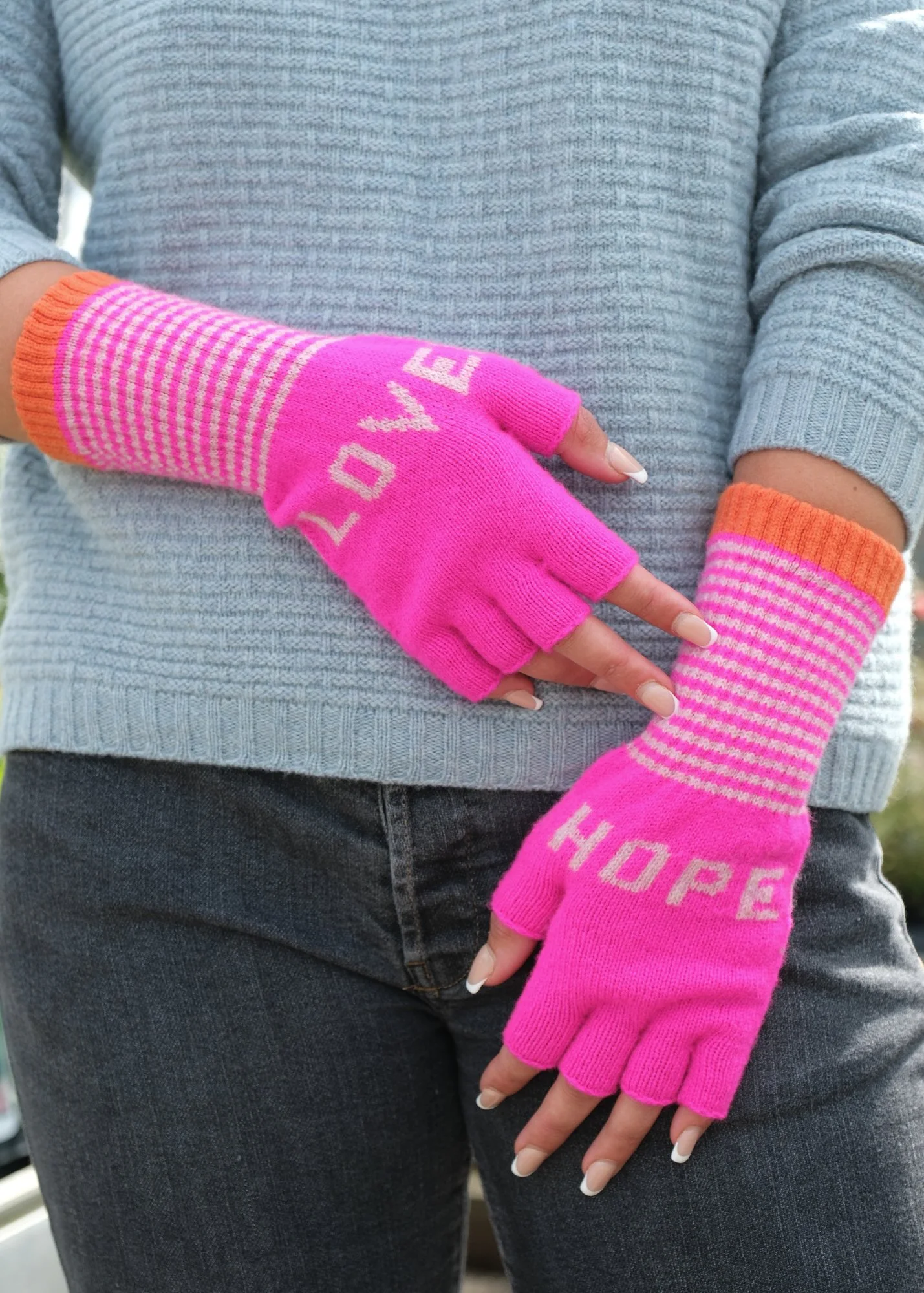 Love and Hope Fingerless Gloves in shocking pink Colours